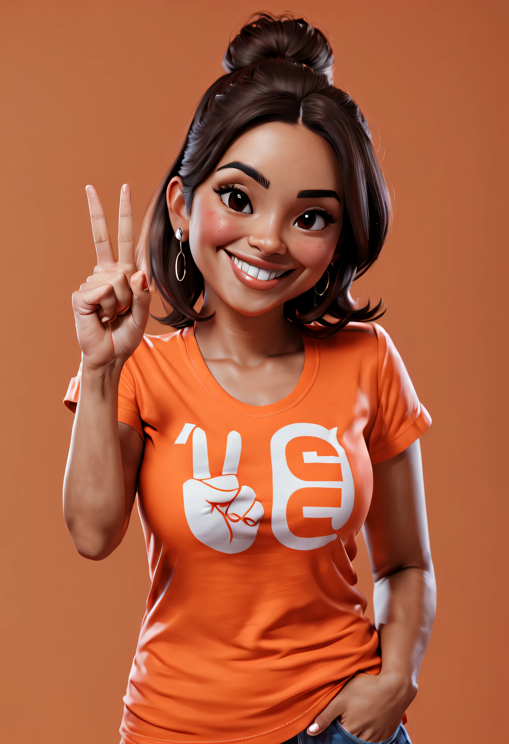 Una mujer morena latina sonriente, con una camiseta naranja, (((mostrando tres dedos hacia arriba, mano izquierda))), fondo blanco, Modelado de superficies duras y estilo de motor irreal 5, hipster aesthetic, collaboration, Proporciones corporales realistas, caricaturesco