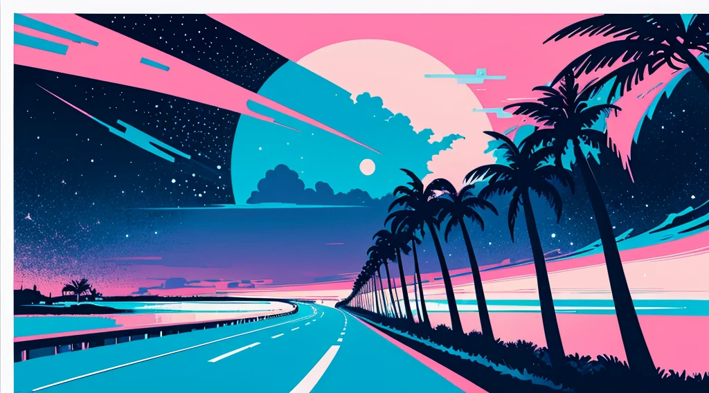 (cyberpunk road by the sea, pink glowing road, starry blue sky, big moon, palm trees), (classic convertible car), (low contrast, flat color, limited palette)