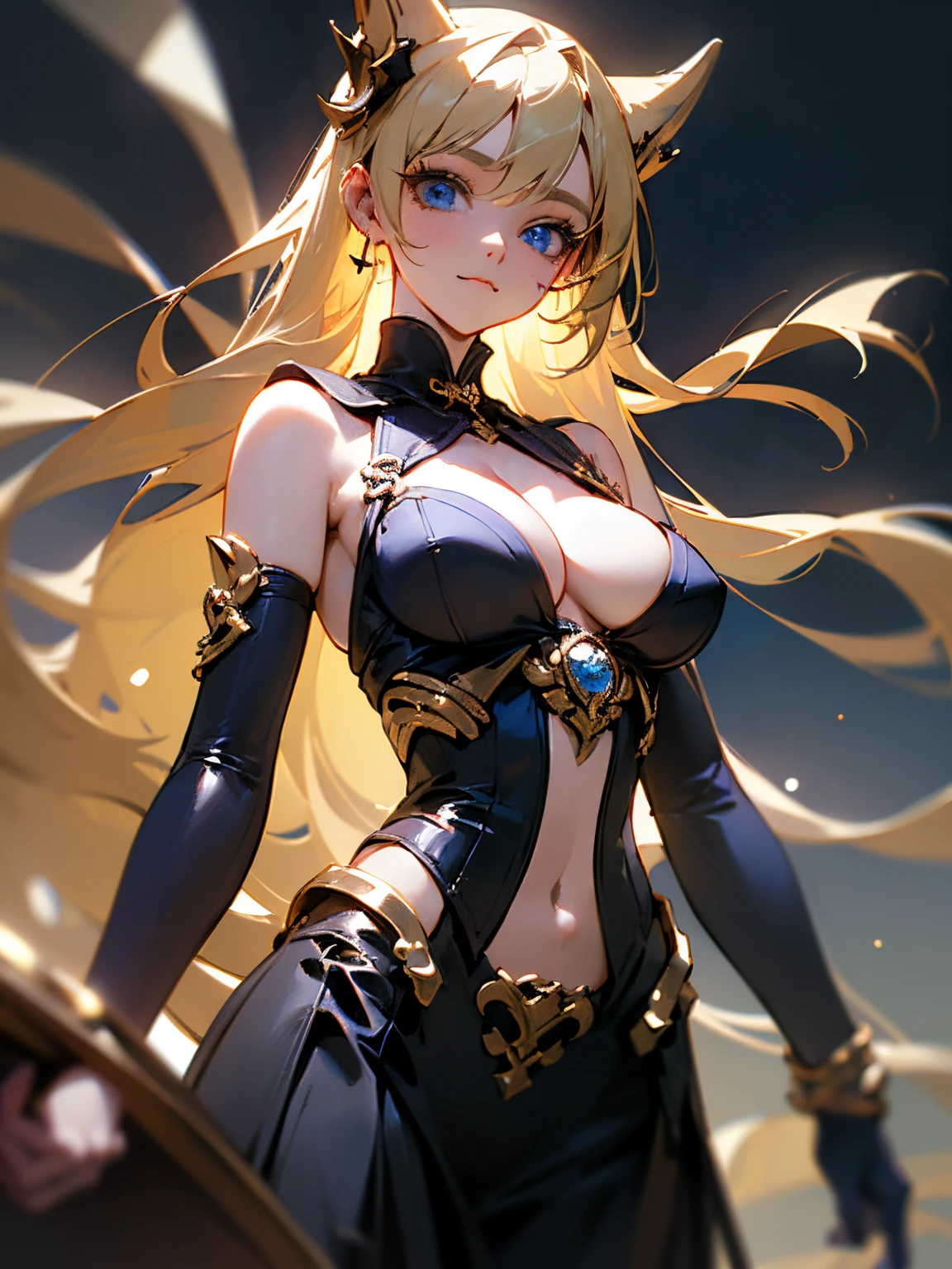 ((Raw photography,top-quality,hight resolution,Ray tracing,nffsw,Best Quality,Post-processing,portlate.3D,PureErosFace_V1:0.7,),(( Glossy dark purple leather bondage with gorgeous embroidery in gold,showy,leather black tight skirt,))((((Long blonde hair,Emphasize cleavage,huge tit:3.0,Thin leg,Blue Eyes,Elaborate depiction of limbs,a small nose,Have a perfect body,sleeveless,)))),((tthin eyebrows,long eyelashes,smil,二重まぶた,Vibrant eyes,looking down on viewers,)),Create beautiful light effects on the background,Light Particle Filter,(finerly detailed face:1.3),nighttime scene,