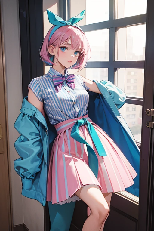 Tecna is a young woman with a light skin tone, teal-blue eyes and magenta-colored hair which is often styled in an asymmetrical bob-cut on the right side with a single small hair strand sticking up. Tecna wears a blue-and-white striped dress shirt underneath her slate-blue office coat with a pink stripes, a poofy pink skirt that flares out just below her waist and has light pink stripes that run along the bottom, knee-high blue striped socks and dark blue high heels. Her hair is considerably shorter compared to how she had it in the prior season and she wears a dark blue headband that has a big bow on the right side.