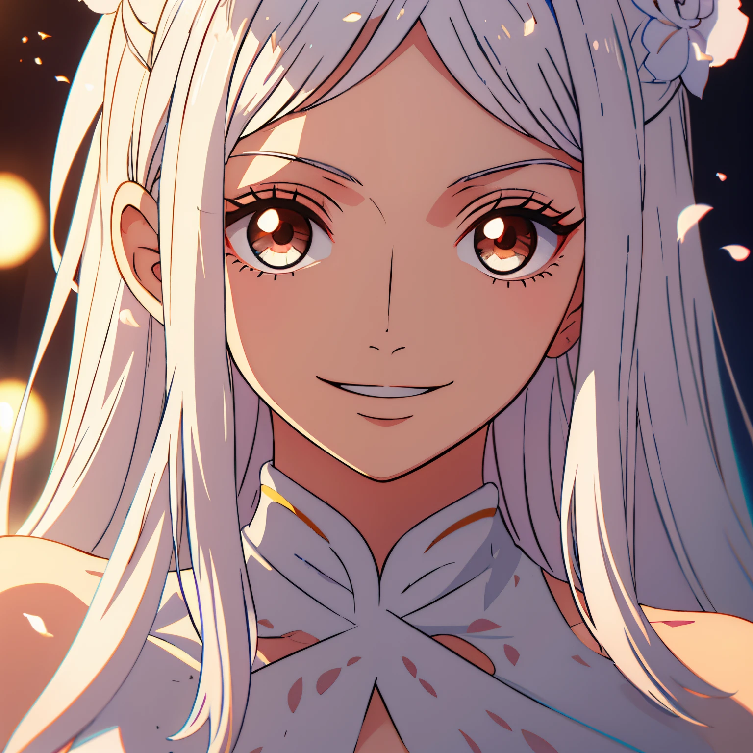 Menina esbelta bonita,long flowing white hair,franja cobrindo um olho,olhos azuis,usando quimono,lovely smile,illustration,circunstanciado,high resolution,cores vibrantes,soft lighting