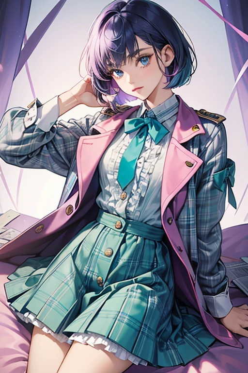Tecna is a young woman with a light skin tone, teal-blue eyes and magenta-colored hair which is often styled in an asymmetrical bob-cut on the right side with a single small hair strand sticking up. Tecna wears a small, short-sleeved, pale pink jacket with a dark blue plaid pattern and trim over a long-sleeved pale lilac-colored button-up dress shirt with dark blue cuffs and bright green buttons, as well as a bright green skirt with dark blue frills aligning the bottommost hem and six blue buttons on the top half, lavender-colored socks which are folded over to keep them at knee-high length and each have thin green ribbons tied around where the fold ends, and bright green shoes with shiny grey soles and sections with a pink-and-dark blue plaid pattern that matches her jacket. She also wears a dark blue tie with the letter "T" printed in gold in the middle, as well as a small dark blue bow pin that is clipped on the left side of her chest, possibly to keep her jacket more securely fastened to her body.