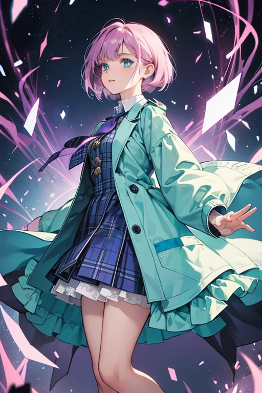 Tecna is a young woman with a light skin tone, teal-blue eyes and magenta-colored hair which is often styled in an asymmetrical bob-cut on the right side with a single small hair strand sticking up. Tecna wears a small, short-sleeved, pale pink jacket with a dark blue plaid pattern and trim over a long-sleeved pale lilac-colored button-up dress shirt with dark blue cuffs and bright green buttons, as well as a bright green skirt with dark blue frills aligning the bottommost hem and six blue buttons on the top half, lavender-colored socks which are folded over to keep them at knee-high length and each have thin green ribbons tied around where the fold ends, and bright green shoes with shiny grey soles and sections with a pink-and-dark blue plaid pattern that matches her jacket. She also wears a dark blue tie with the letter "T" printed in gold in the middle, as well as a small dark blue bow pin that is clipped on the left side of her chest, possibly to keep her jacket more securely fastened to her body.