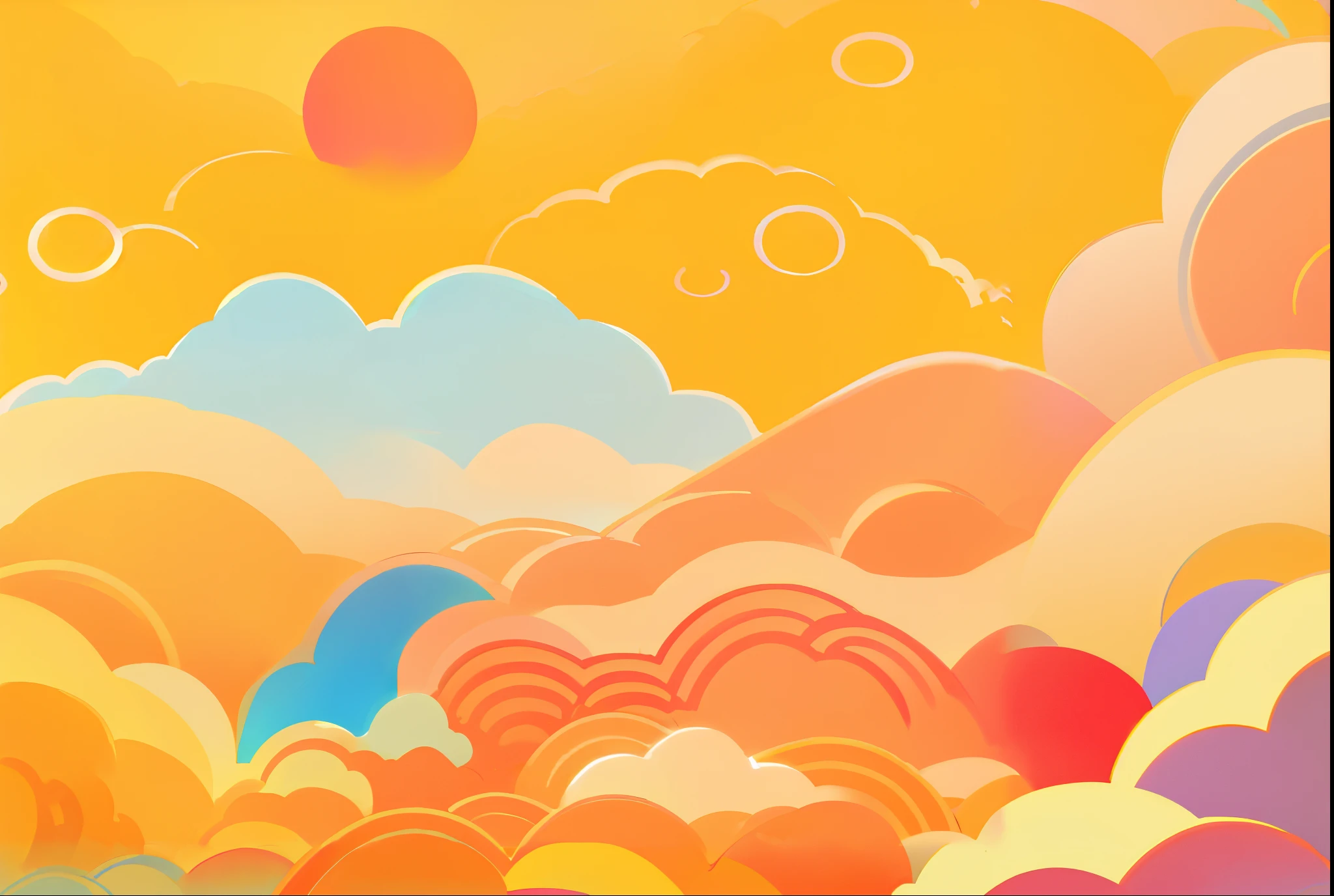 brightly colored cut of a landscape with clouds and sun, orange clouds, psychedelic clouds, sunset illustration, animation style render, painting of a dreamscape, psychedelic landscape, low detailed. digital painting, aesthetic illustration, pop japonisme , yellow clouds,
