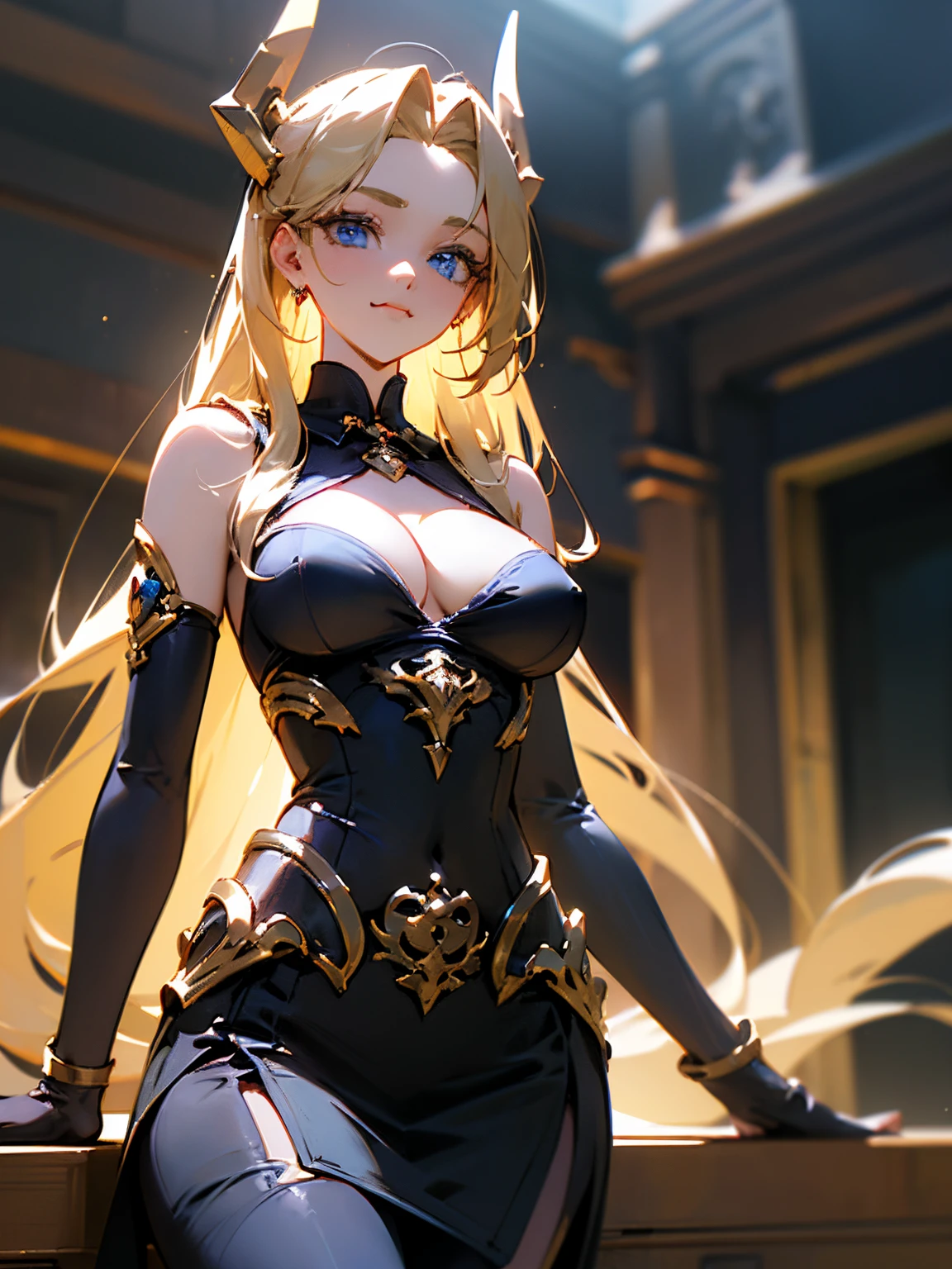 ((Raw photography,top-quality,hight resolution,Ray tracing,nffsw,Best Quality,Post-processing,portlate.3D,PureErosFace_V1:0.7,),(( Glossy dark red leather bondage with gorgeous embroidery in gold,showy,leather black tight skirt,))((((Long blonde hair,Emphasize cleavage,huge tit:3.0,Thin leg,Blue Eyes,Elaborate depiction of limbs,a small nose,Have a perfect body,sleeveless,)))),((tthin eyebrows,long eyelashes,smil,二重まぶた,Vibrant eyes,looking down on viewers,)),Create beautiful light effects on the background,Light Particle Filter,(finerly detailed face:1.3),nighttime scene,
