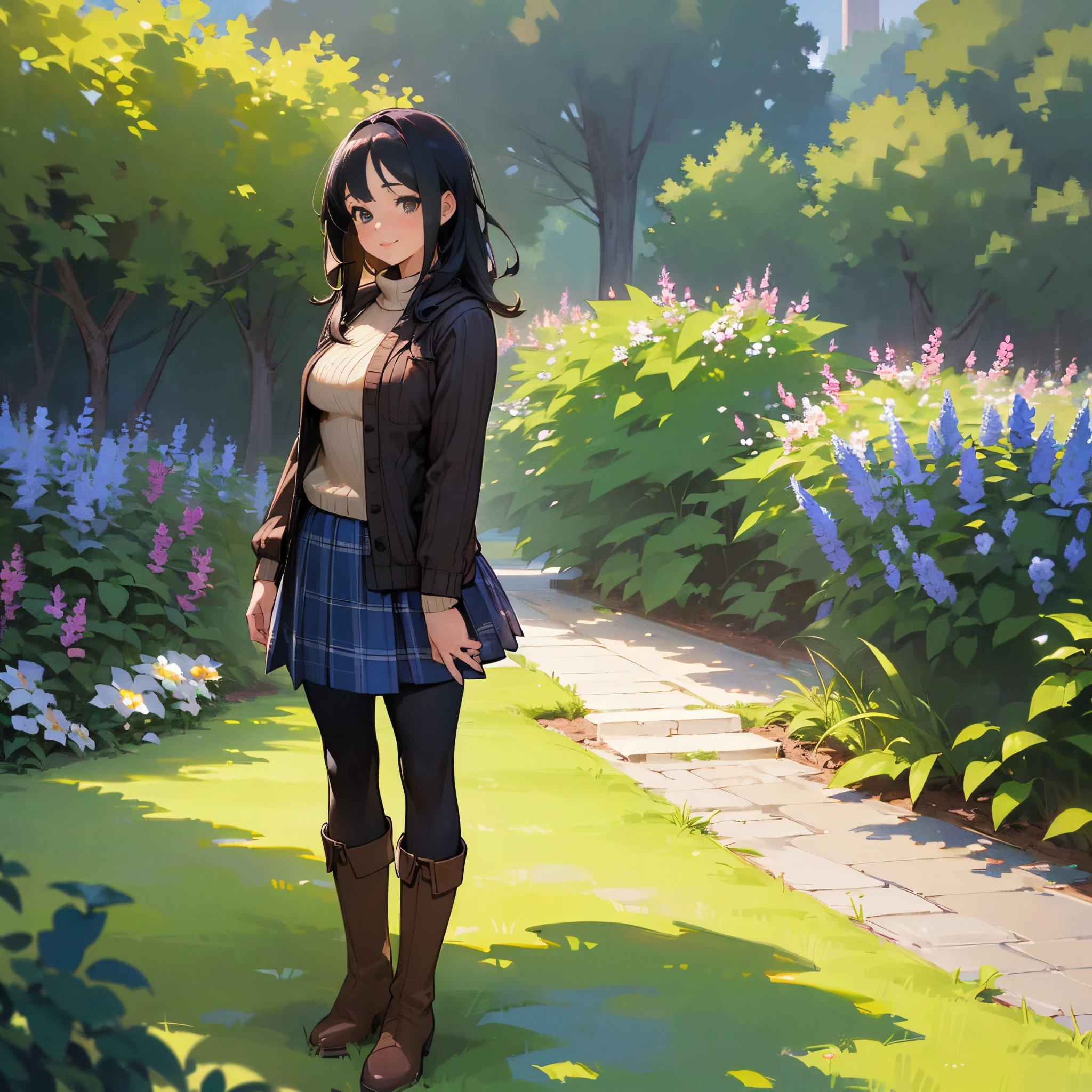 (High quality, High resolution, Ultra-detailed, Realistic:1.37), peaceful ambiance, (plein air, garden), age girl standing alone, (My breasts are big.), Beautiful detailed features, Cute smile, (Black bob hair), Ribbed sweater, blue plaid skirt, Black tights, Brown boots.