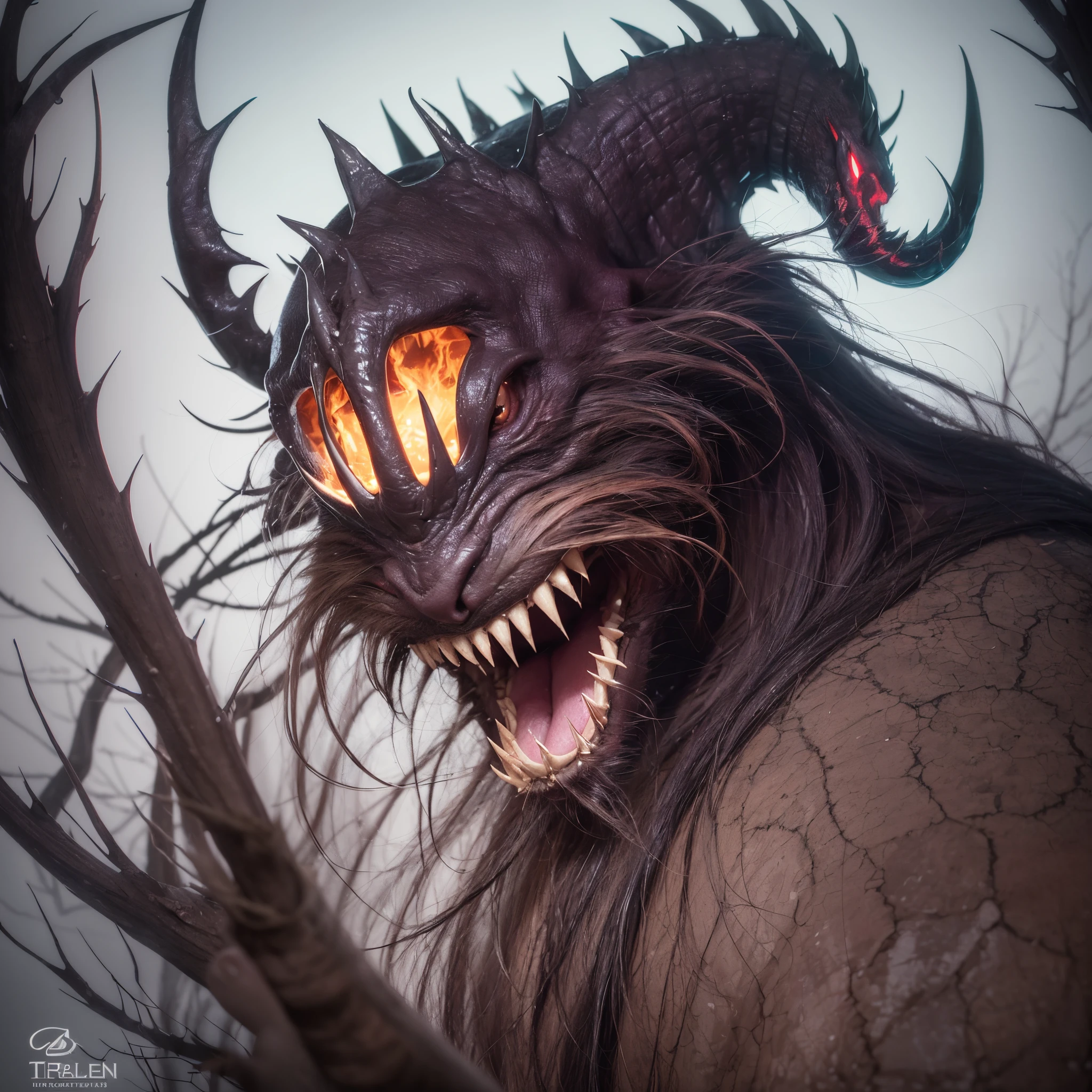 A ghastly Krampus with long, shaggy hair that swirls wildly around his terrifying face. His eyes glow a menacing red, while sharp teeth protrude from his terrifying mouth. Claw-like hands with sinister, curved claws give it a menacing presence. Its body is covered in thorny spikes and a sinister cloak of black mist envelops its eerie appearance. --auto --s2