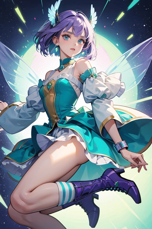 Tecna is a young woman with a light skin tone, teal-blue eyes and magenta-colored hair which is often styled in an asymmetrical bob-cut on the right side with a single small hair strand sticking up. Tecna's Winx fairy form outfit is unarguably the most distinctive of all the fairies viewed in the series, as it covers most of her body. The outfit is a full-body suit of a sparkling lavender color covering the torso and legs. She has powder blue knee-high high-heeled boots and sleeves which cover her hands. She wears a lavender helmet which has a lime green tear-shaped brooch on it, similar to the one on her chest. She can stroke the brooch on her chest to summon a projection of data. On a few occasions, her helmet has shown the ability of releasing a translucent green shield for her face. Her wings are green bars which can form small squares on her back, in the shape of a glider. These wings help her fly supported by digital energy considering they cannot flutter. Occasionally she will also be seen wearing a wristband made of green digital energy which can project data as well.