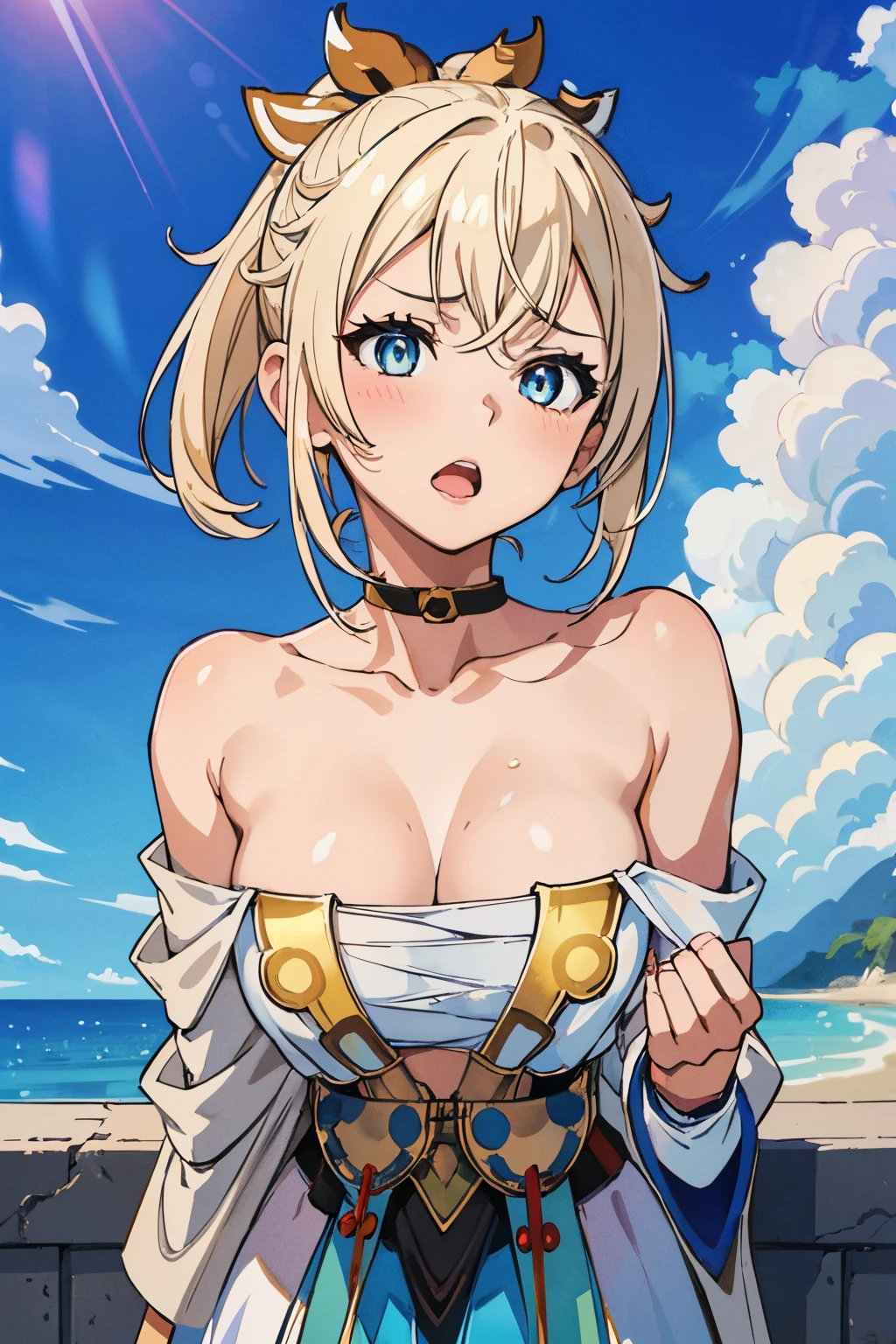 (masterpiece:1.6, best quality), (finely detailed beautiful eyes: 1.2), 1girl (masterpiece), (best quality,)(shiny hair), (shiny skin), (shiny skin), blue sky, cloud,, yawn pose, bare shoulder, collar bone, IrohaBase, yawn