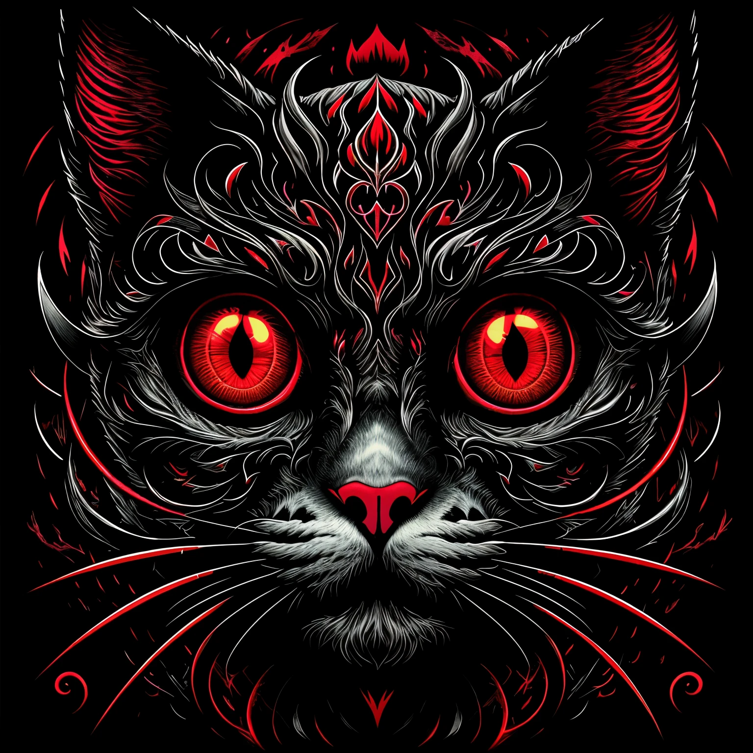 A red eye、Close-up of cat with skull on head, Dan Mumford and Alex Gray style, Dan Mumford art style, Demon cat, cat-like scarlet eyes, Dan Mumford's art style, El Bosco and Dan Mumford, alex grey cat, highly detailed dark art, and Mumford Tom Bagshaw., author:dan munford
