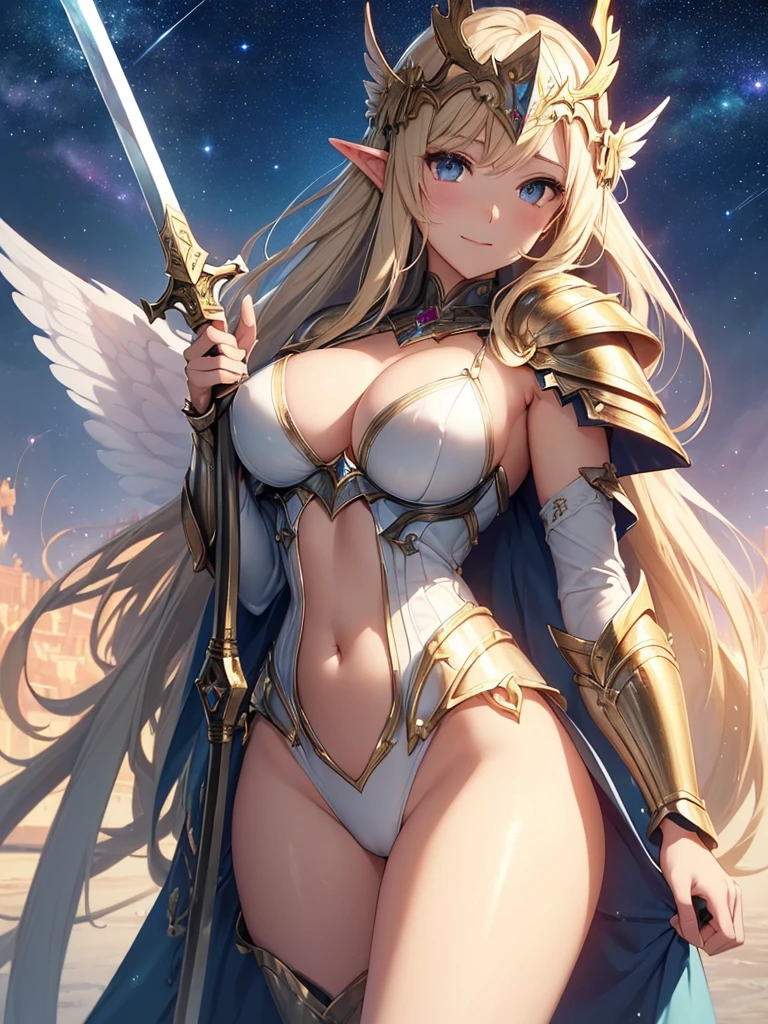 top-quality、Top image quality、​masterpiece、Super beautiful elf beauty((24 year old、Best Bust、big bast、Bust 90,Beautiful long blonde hair ironed、a blond、Beautiful sexy armor with big shining wings、sexy white bikini armor、has a beautiful sword、Raise your sword、frontage、A slender、a closeup、Esbian、Beautiful helmet、Woman knight、hiquality、Beautiful Art、Background with((starrysky)))masutepiece、visualart、depth of fields、low angle of morning sky、、Elven ears、、light magic、Space Knight、harp melody🎵、Happy smile、Gentle light、、Beautiful legs that are gentle on the skin、、、Number of fingers to achieve precise finger movements、ticker beautiful、elegent、Mystical　Rosa、NSFW,Sexy, nffsw,Raise your sword、Fighting