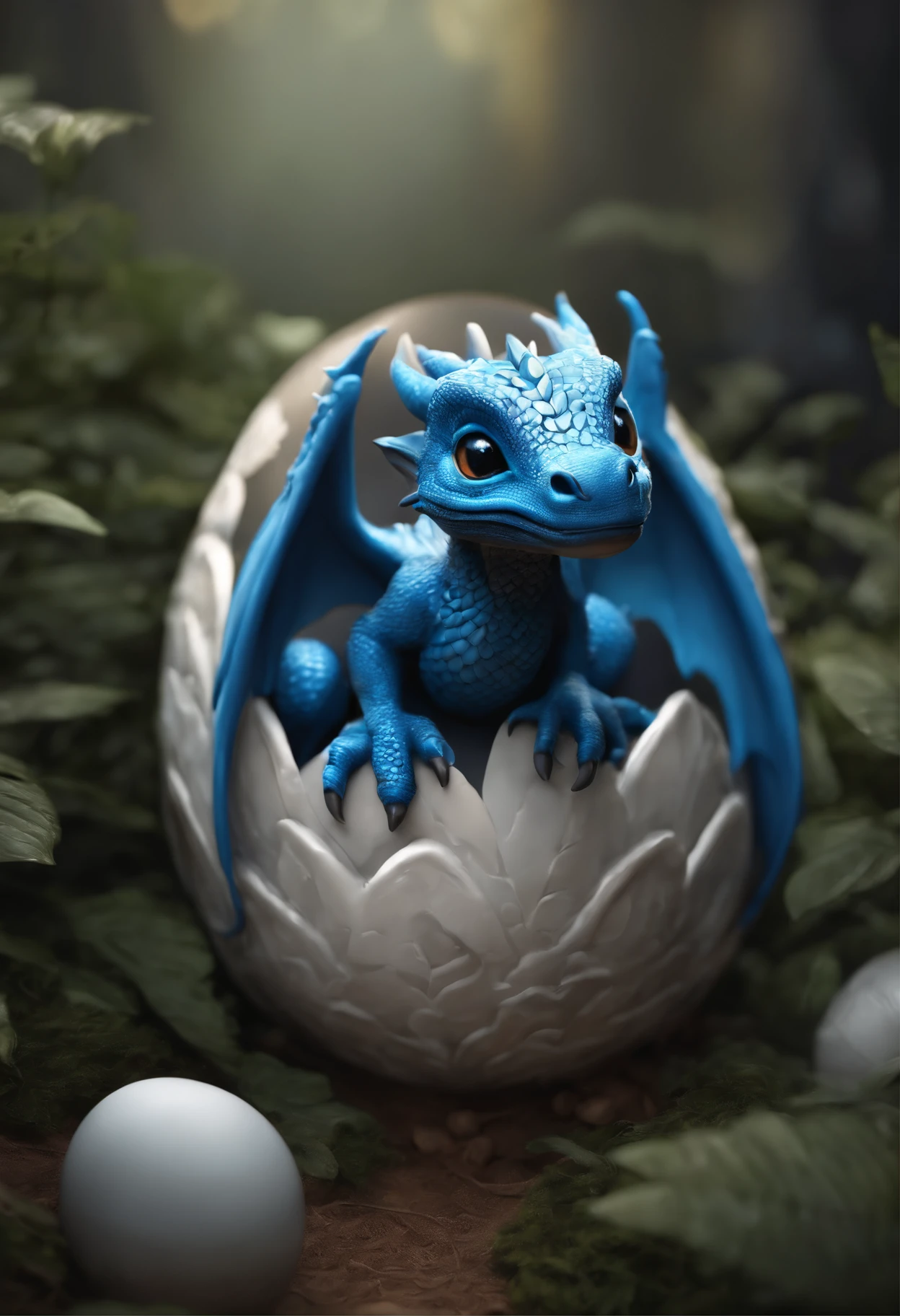 There is a blue dragon sitting inside a white egg., A Newly Hatched Dragon, Cute little blue dragon, Cute little dragon, adorable digital painting, Dragon eggs, ultra realistic 3d illustration, digesting a small dragon, stylized as a 3d render, portrait shot, Blue Scaly Dragon, cute detailed digital art, realistic fantasy illustration, Zbrush Color Renderer
