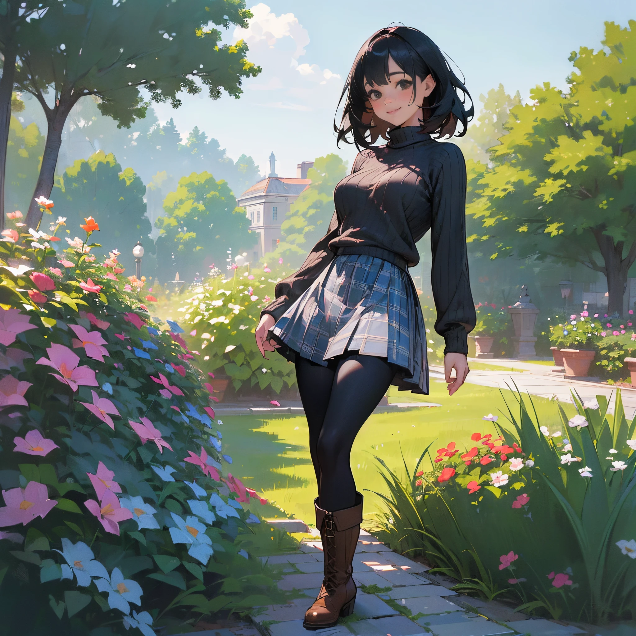 (High quality, High resolution, Ultra-detailed, Realistic:1.37), peaceful ambiance, (plein air, garden), age girl standing alone, (My breasts are big.), Beautiful detailed features, Cute smile, (Black bob hair), Ribbed sweater, blue plaid skirt, Black tights, Brown boots.