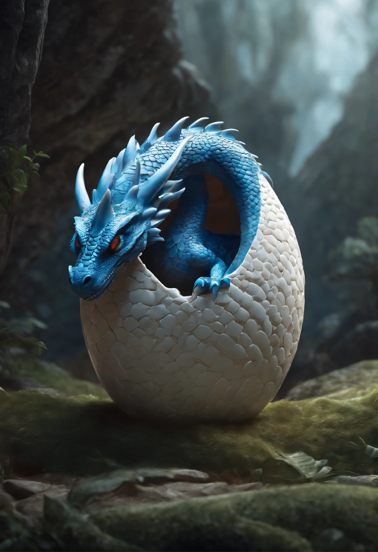 There is a blue dragon sitting inside a white egg., A Newly Hatched Dragon, Cute little blue dragon, Cute little dragon, adorable digital painting, Dragon eggs, ultra realistic 3d illustration, digesting a small dragon, stylized as a 3d render, portrait shot, Blue Scaly Dragon, cute detailed digital art, realistic fantasy illustration, Zbrush Color Renderer
