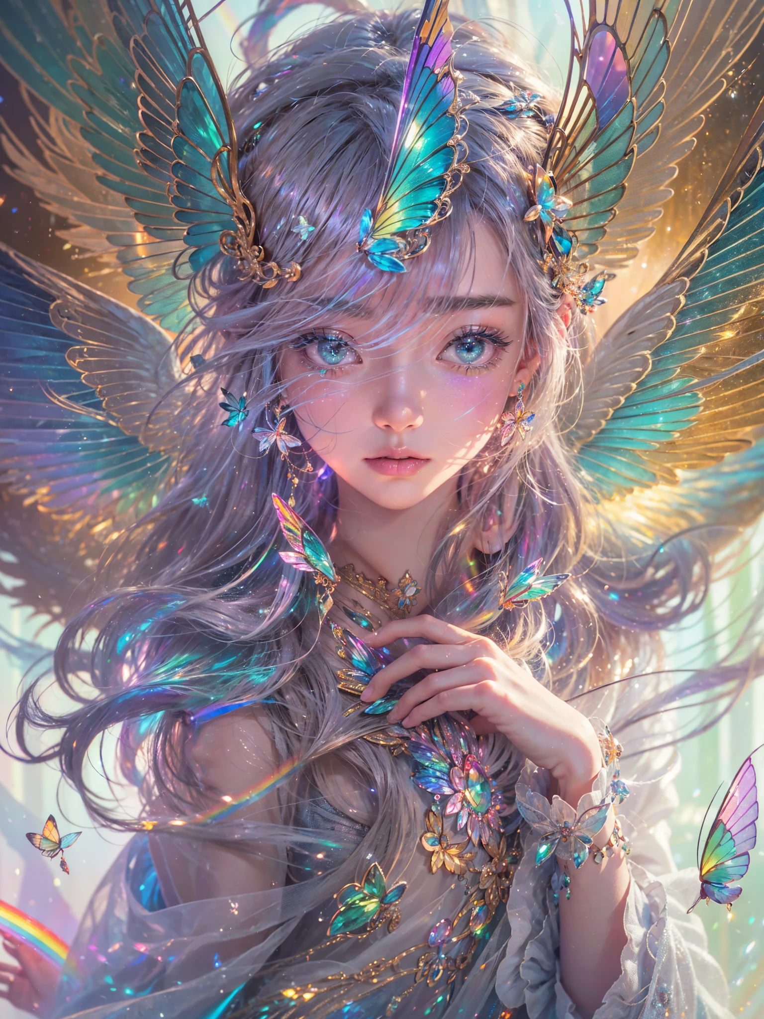 (((masterpiece))), (((best quality))), ((ultra-detailed)),(highly detailed CG illustration), ((an extremely delicate and beautiful)),cinematic light, Create a stunning fantasy artwork that mimics the style of currently trending masters of the genre. The art piece should contain elements of both mythic fantasy and fairytale fantasy with dreamy rainbow accents. ((Utilize the rainbow as the main color scheme.)) The character in the artwork is a delicate but strong petite figure with an aura of mystery and magic and (beautiful translucent rainbow wings). Pay close attention to intricate facial features, such as mesmerizing eyes with vibrant colors and bold shading. The character's clothing should be designed with gossamer feathers, silk, stunning embroidery, and subtle iridescent details. Incorporate (((translucent rainbows))), dreamy colors, dynamic lighting, and detailed background elements to create a sense of awe and immersion. Include colorful flying magical birds and jewel-toned rainbow butterflies radiating a magical aura. Consider the latest trends in fantasy art, such as incorporating unique lighting effects, exploring dynamic and compelling composition techniques, and experimenting with unique color palettes. Take inspiration from the top artists on ArtStation and Midjourney. Camera: Choose an angle that highlights the character's beauty and enhances the magical majesty of the artwork. Lighting: Utilize atmospheric lighting techniques to create depth and mood. Resolution: Aim for a high-resolution artwork to showcase intricate details and clarity. Art Inspirations: Seek inspiration from the trending artists on ArtStation, exploring different styles, genres, and themes,(8K, RAW photo, highest quality),Realistic,facade,Intricate detail,Extremely detailed eyes and eyelashes,Portrait,Close-up,, digital SLR camera, super quality, Fujifilm realistic, vivid details, surreal, beautiful wallpapers, 8k, best quality, masterpiece, extremely detailed, pc graphics, unity,