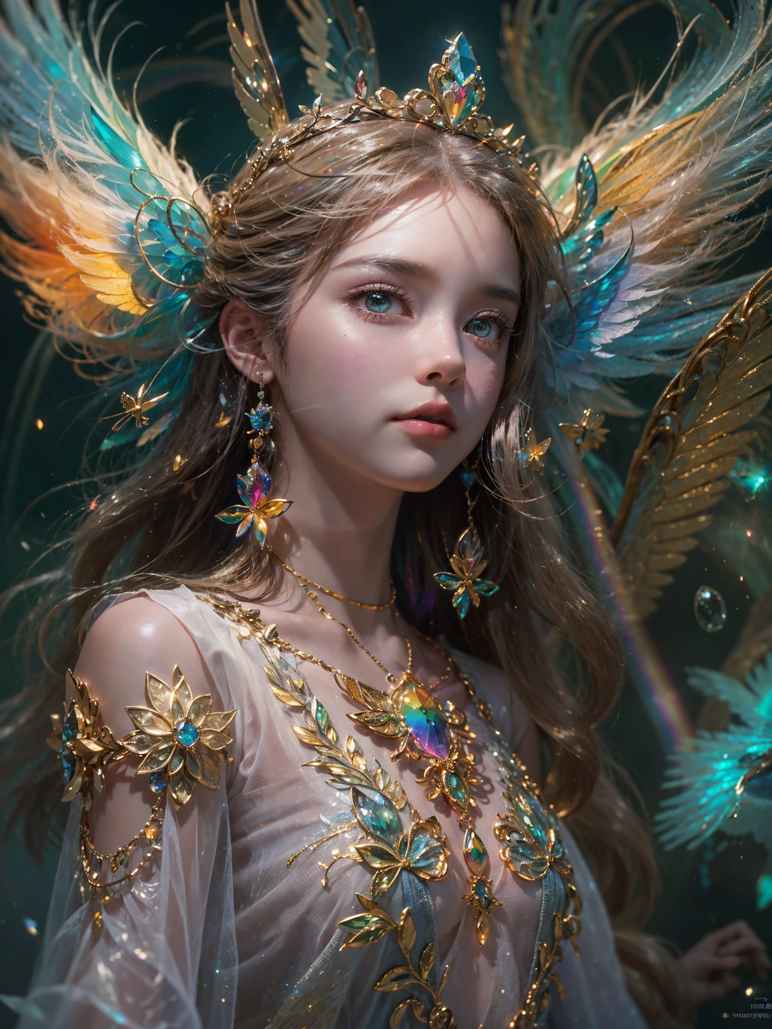 (((masterpiece))), (((best quality))), ((ultra-detailed)),(highly detailed CG illustration), ((an extremely delicate and beautiful)),cinematic light, Create a stunning fantasy artwork that mimics the style of currently trending masters of the genre. The art piece should contain elements of both mythic fantasy and fairytale fantasy with dreamy rainbow accents. ((Utilize the rainbow as the main color scheme.)) The character in the artwork is a delicate but strong petite figure with an aura of mystery and magic and (beautiful translucent rainbow wings). Pay close attention to intricate facial features, such as mesmerizing eyes with vibrant colors and bold shading. The character's clothing should be designed with gossamer feathers, silk, stunning embroidery, and subtle iridescent details. Incorporate (((translucent rainbows))), dreamy colors, dynamic lighting, and detailed background elements to create a sense of awe and immersion. Include colorful flying magical birds and jewel-toned rainbow butterflies radiating a magical aura. Consider the latest trends in fantasy art, such as incorporating unique lighting effects, exploring dynamic and compelling composition techniques, and experimenting with unique color palettes. Take inspiration from the top artists on ArtStation and Midjourney. Camera: Choose an angle that highlights the character's beauty and enhances the magical majesty of the artwork. Lighting: Utilize atmospheric lighting techniques to create depth and mood. Resolution: Aim for a high-resolution artwork to showcase intricate details and clarity. Art Inspirations: Seek inspiration from the trending artists on ArtStation, exploring different styles, genres, and themes,(8K, RAW photo, highest quality),Realistic,facade,Intricate detail,Extremely detailed eyes and eyelashes,Portrait,Close-up,, digital SLR camera, super quality, Fujifilm realistic, vivid details, surreal, beautiful wallpapers, 8k, best quality, masterpiece, extremely detailed, pc graphics, unity,