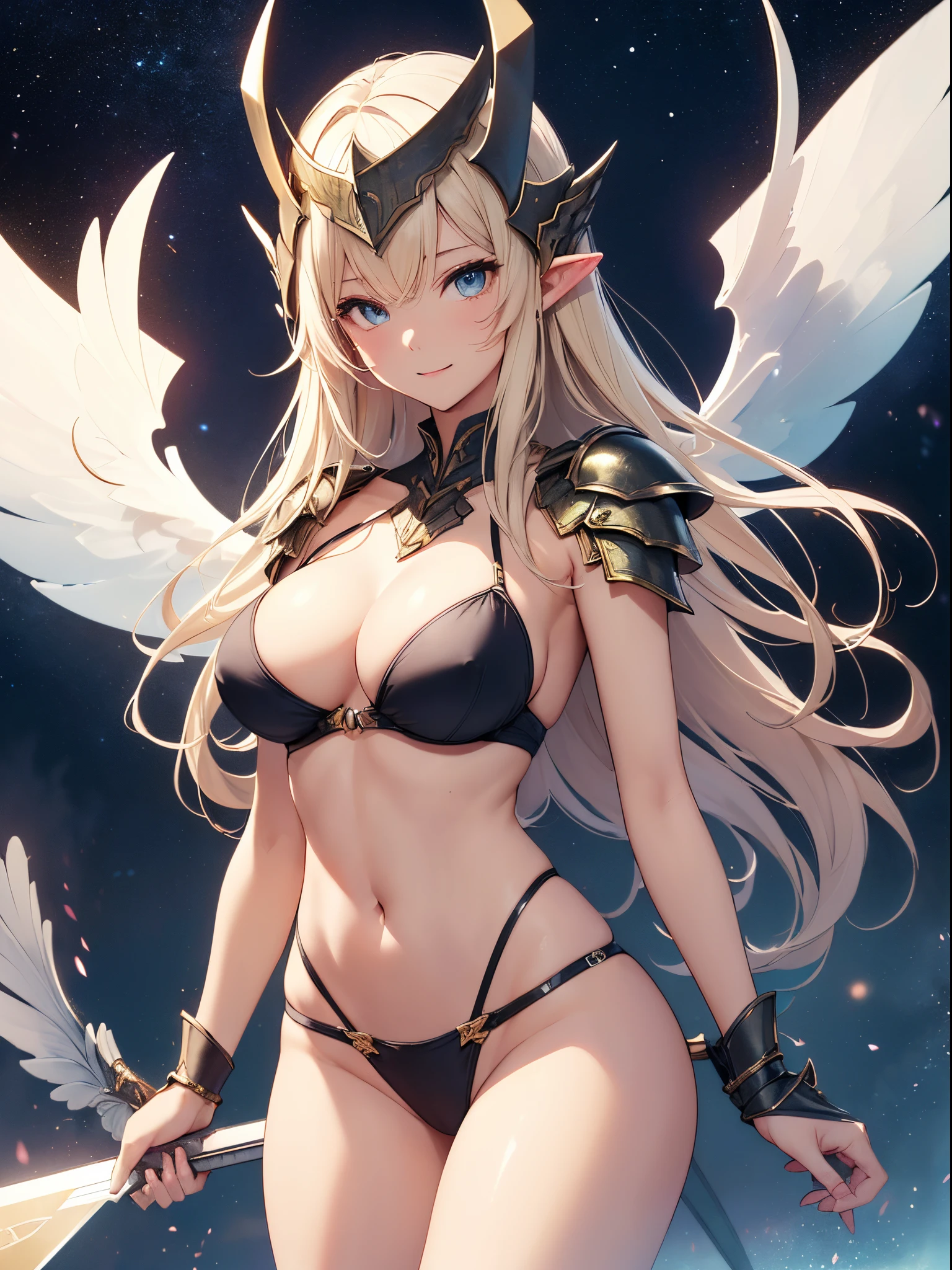 top-quality、Top image quality、​masterpiece、Super beautiful elf beauty((24 year old、Best Bust、big bast、Bust 90,beautiful blue long ironed hair、a blond、Beautiful sexy armor with big shining wings、Sexy bikini armor、has a beautiful sword、Raise your sword、frontage、A slender、a closeup、Esbian、Beautiful helmet、Woman knight、hiquality、Beautiful Art、Background with((starrysky)))masutepiece、visualart、depth of fields、low angle of morning sky、、Elven ears、、light magic、Space Knight、harp melody🎵、Happy smile、Gentle light、、Beautiful legs that are gentle on the skin、、、Number of fingers to achieve precise finger movements、ticker beautiful、elegent、Mystical　Rosa、nsfw,sexy, UHD,