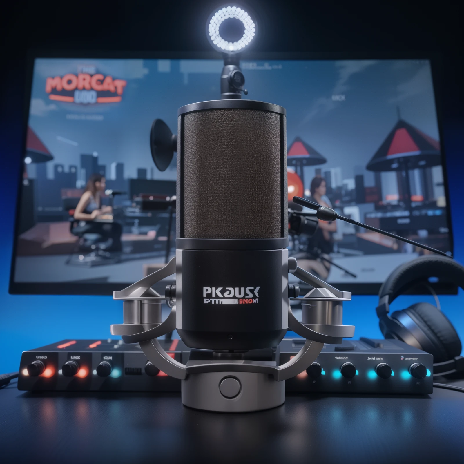There is a microphone on the table next to the keyboard, detailed portrait shot, detailed wide shot, detailedbackground, microphones,key shot rendering, studio photoshoot, Live on twitch, Video games , sitting in front of a microphone, professional product photo, professional product shot, accurately detailed, portrait shooting, studio microphone, fotografia do produto, The content is very detailed, very highly detailed background