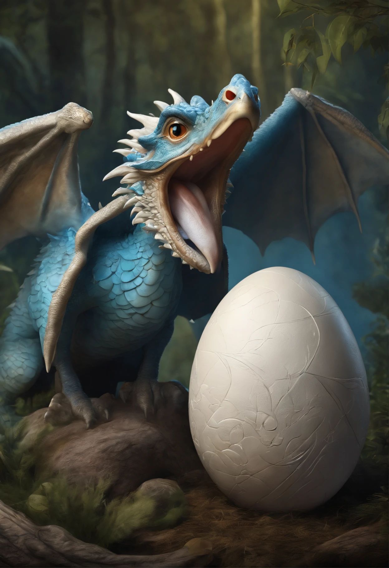 Large ostrich egg, dragon hatches from egg, a dragon is born from an egg, muzzle sticks out of egg, the tail sticks out of the egg,dragon'nose sticking out of egg, birth of the dragon,Cute little blue dragon, Cute little dragon, cute detailed digital art, adorable digital painting, 8k high quality detailed art, 4k detailed digital art, digesting a small dragon, realistic fantasy illustration, Frost Dragon, highly detailed 4k digital art, A Newly Hatched Dragon, Cute digital art