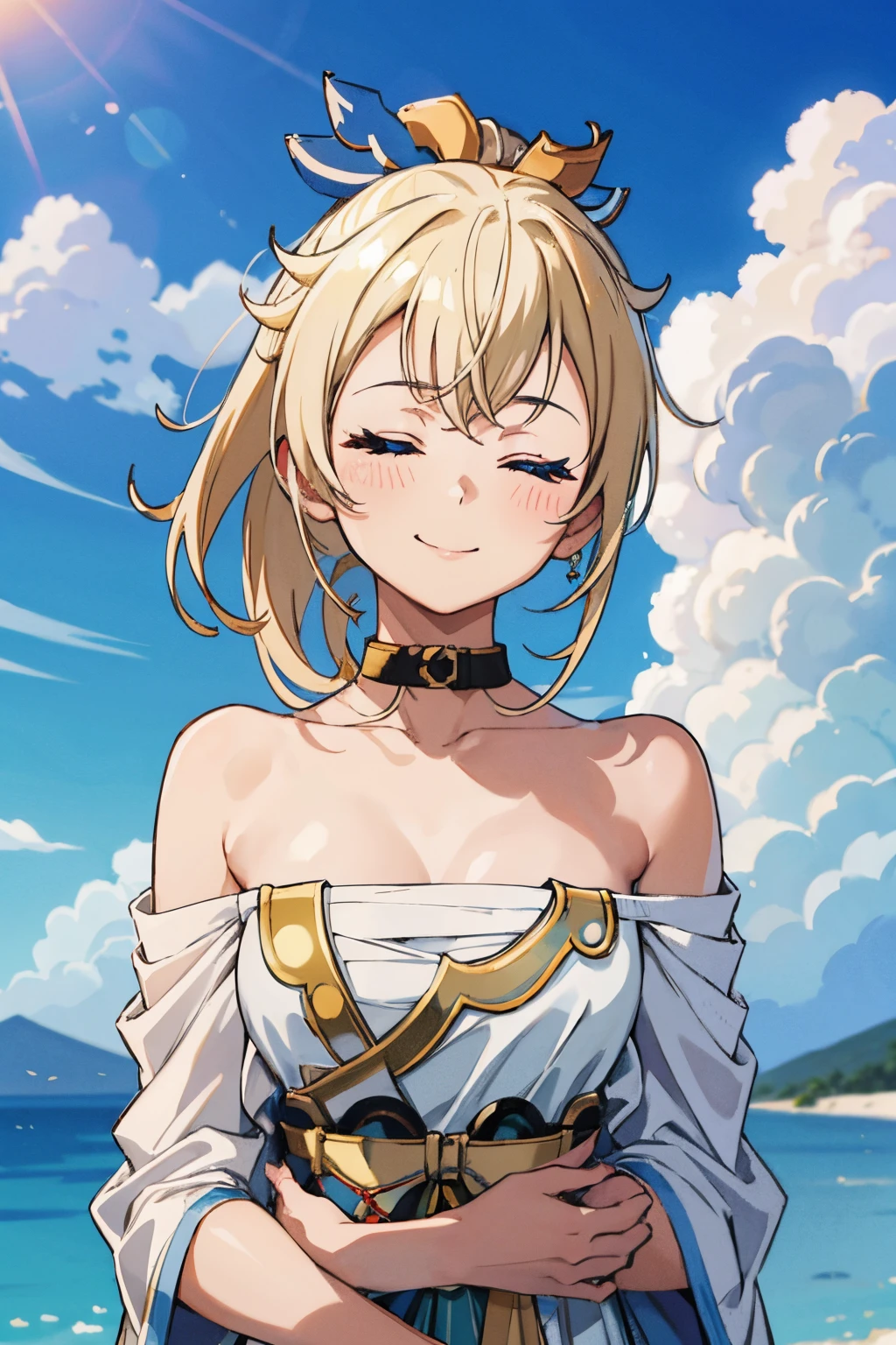 (masterpiece:1.6, best quality), (finely detailed beautiful eyes: 1.2), 1girl (masterpiece), (best quality,)(shiny hair), (shiny skin), (shiny skin), blue sky, cloud, closed eyes, yawn pose, bare shoulder, collar bone, IrohaBase, yawn