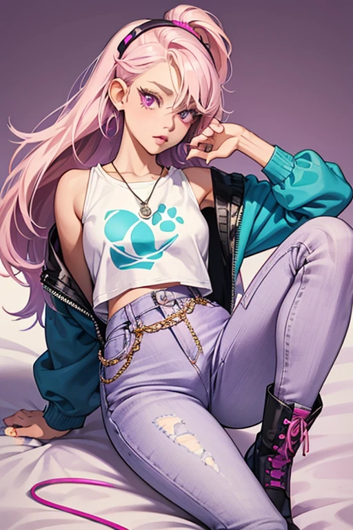 Roxy is a young girl with a slightly light skin tone. She has waist-length, pinkish-purple hair with blonde tips and dark violet eyes. She wears a sea green, long-sleeve, skin-tight cropped shirt with a hot pink cropped shirt over it which is shorter and with a hole on each shoulder, and has a lavender paw print in front. She wears short, denim capris with a metal chain hanging off at her waist and hot pink boots with light purple laces and soles.
