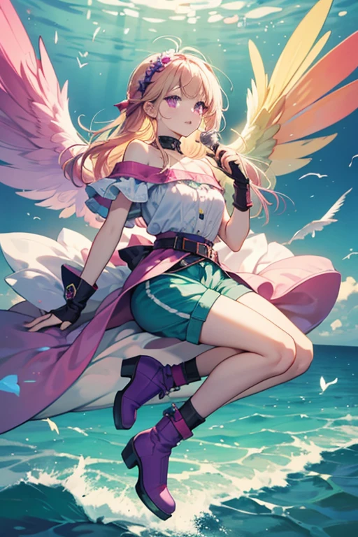 Roxy is a young girl with a slightly light skin tone. She has waist-length, pinkish-purple hair with blonde tips and dark violet eyes. Roxy's Believix consists of a light sea green, one-armed top that has two pale lavender and light pink straps holding it over her right shoulder. She also has light sea green shorts with greenish-yellow ruffles underneath and a greenish-yellow belt over them. The belt has three purple circles on it, with several pink ruffles hanging off of it. On her right arm is a light sea green, fingerless glove that reaches between her shoulder and elbow. Her shoes are lime green, platform boots with white heels and pink socks. Her hair does not change. Her wings are edged with green and dark purple on the inside. At the edges of the wings are swirled, light pink designs.