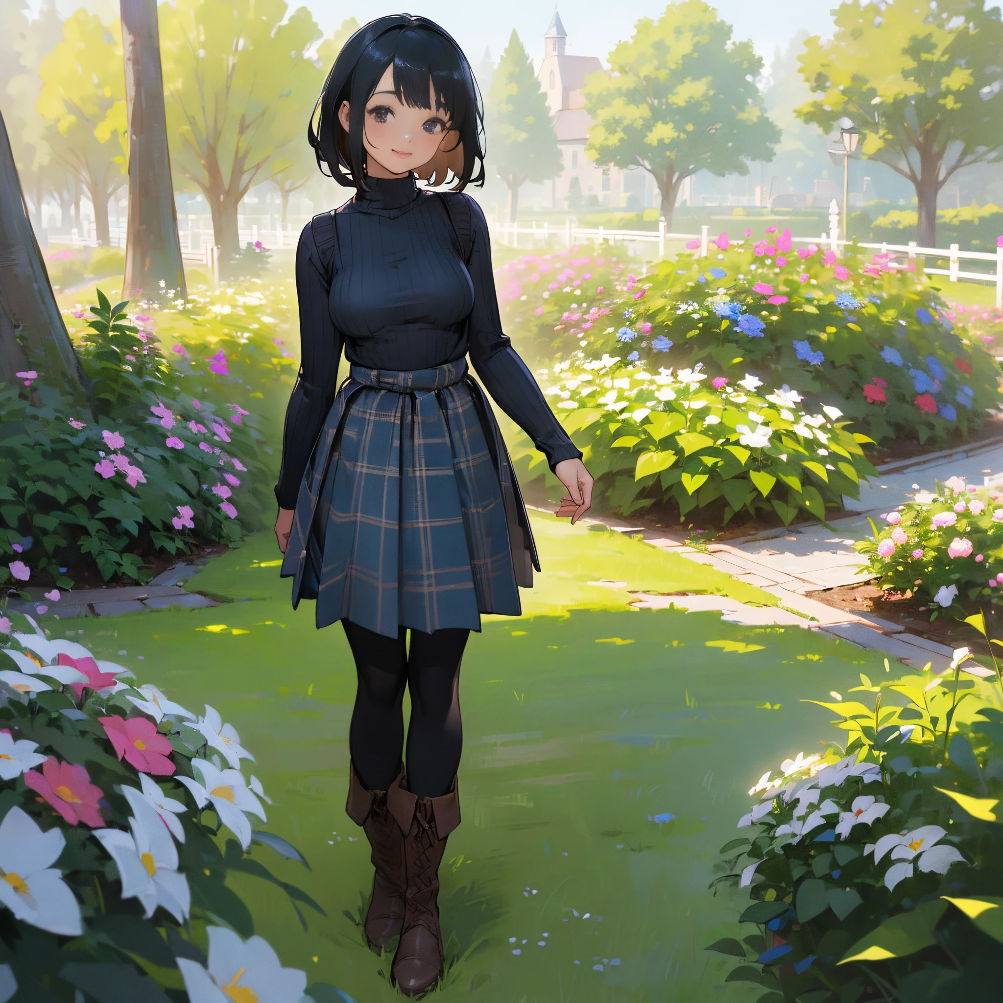(High quality, High resolution, Ultra-detailed, Realistic:1.37), peaceful ambiance, (plein air, garden), Teenage girl standing alone, (My breasts are big.), Beautiful detailed features, Cute smile, (Black bob hair), Ribbed sweater, blue plaid skirt, Black tights, Brown boots.
