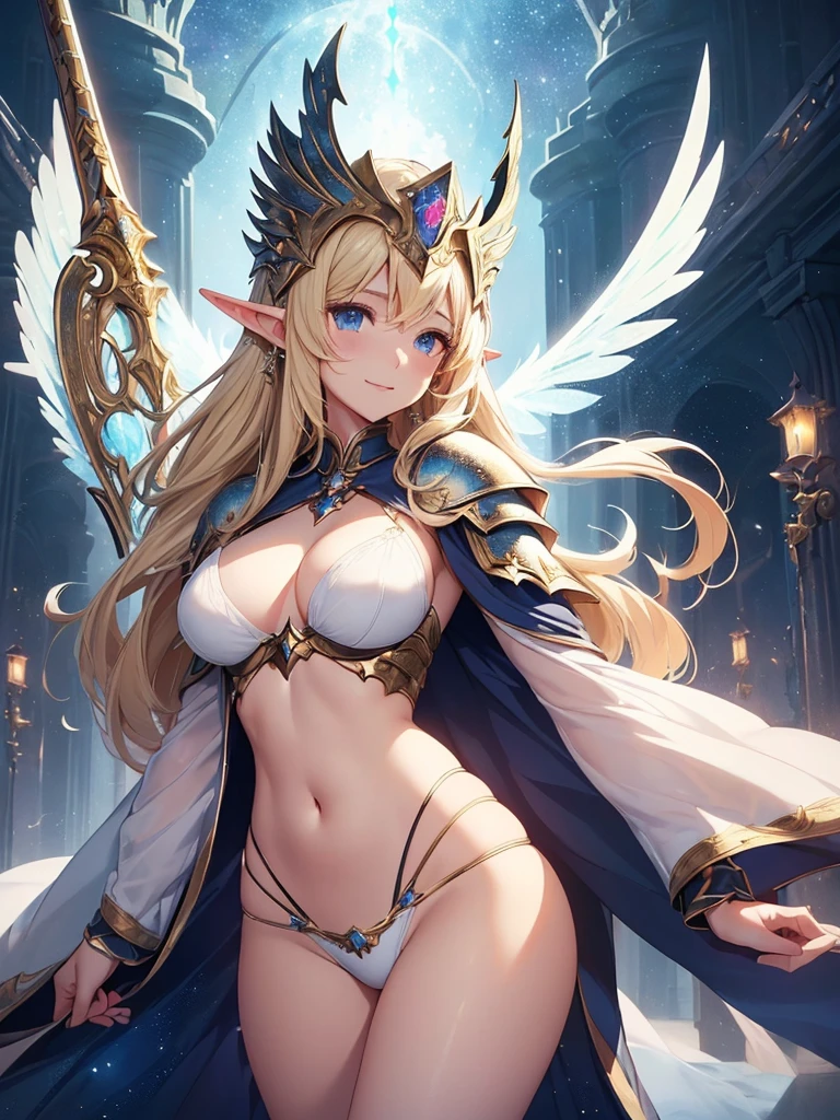 top-quality、Top image quality、​masterpiece、Super beautiful elf beauty((24 year old、Best Bust、big bast、Bust 90,Beautiful long blonde hair ironed、a blond、Beautiful sexy armor with big shining wings、sexy white bikini armor、has a beautiful sword、Raise your sword、frontage、A slender、a closeup、Esbian、Beautiful helmet、Woman knight、hiquality、Beautiful Art、Background with((starrysky)))masutepiece、visualart、depth of fields、low angle of morning sky、、Elven ears、、light magic、Space Knight、harp melody🎵、Happy smile、Gentle light、、Beautiful legs that are gentle on the skin、、、Number of fingers to achieve precise finger movements、ticker beautiful、elegent、Mystical　Rosa、NSFW,Sexy, nffsw,Raise a beautiful sword high、Fighting、