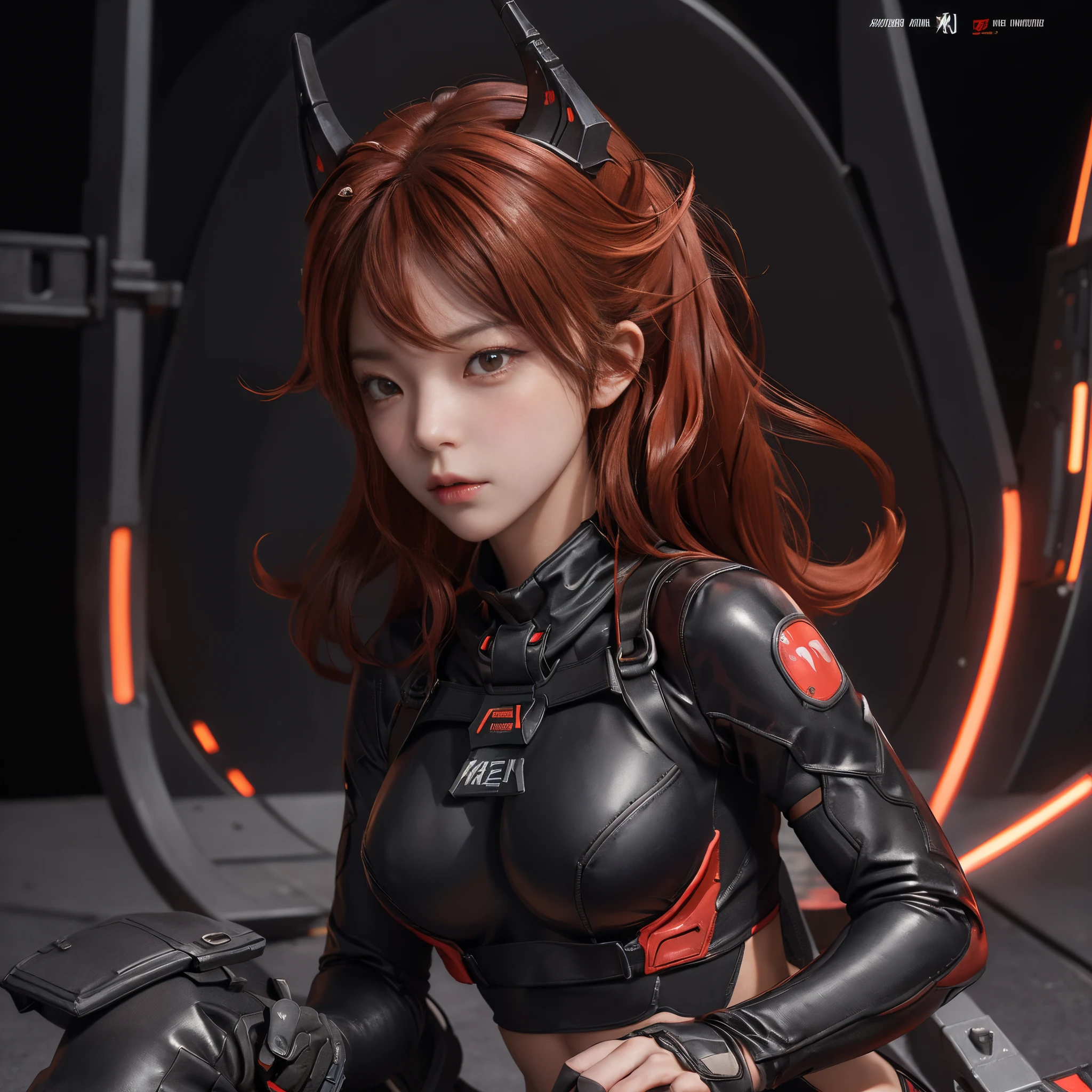 A lone mature girl, Leg long Burning Red hair, , Brown eyes, cat eyes, Beautiful face, masterpiece, best quality, expressive eyes, perfect face, forehead protector, long Black Twin Horn Head Gear, Big Anti-Tank Sniper Rifle, Exposed Navel, Black rubber skin tight suit, full leg black stocking, exposed chest , sci-fi city , High detail mature face, combat suit, high res, ultra sharp, She stands confidently in the center of the poster, Shooting pose, explosion effect, a determined expression on her face。The background is dark and gritty,There is a sense of danger and a strong feeling。The text is bold and eye-catching,With catchy slogans,Adds to the overall drama and excitement。The color palette is dominated by dark colors,Dotted with bright colorake the poster dynamic and visually strikinagazines:1.3), (Cover-style:1.3), Fashion, vibrant, Outfit, posing on a, Front, rich colorful,Background with,element in,self-assured,Expressing the,halter,statement,Attachment,A majestic,coil,Runt,Touching pubic area,Scenes,text,Cover of a,boldness,attention-grabbing,titleashion,typeface,,Best quality at best,Hyper-detailing,8K ,hyper HD