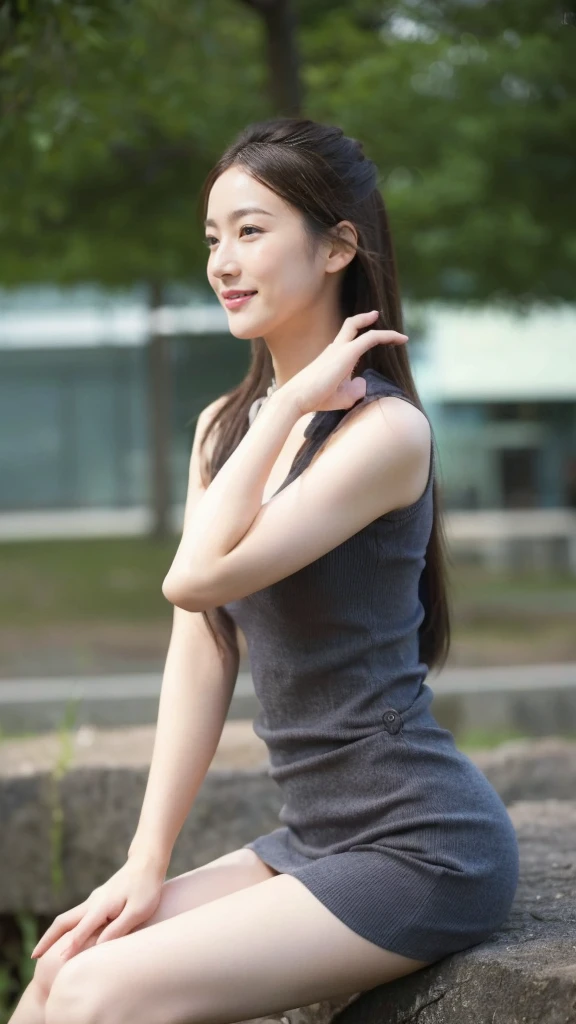 (On a table, Best quality, realistically, ultra - detailed, meticuloso, A high resolution, 8k wallpaper), Close-up portrait of a beautiful woman, Chariada, Smiling, light brown messy hair, Perfect dynamic composition, 美丽meticuloso的眼睛, Just like the cover of a fashion magazine, On campus