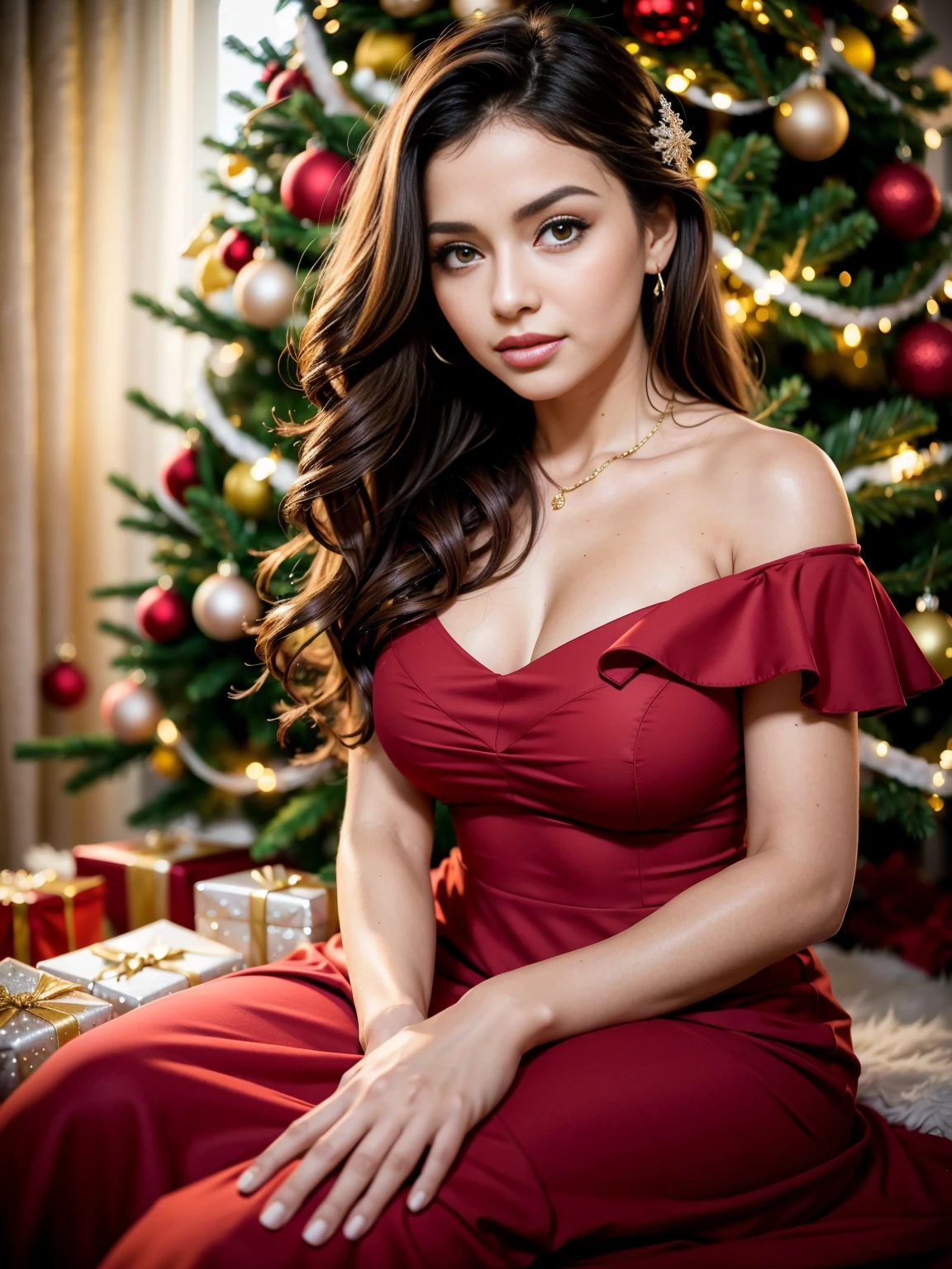 Albanian woman, 30 years, cute, neat face, detailed, small neat nose, neat plump lips, big eyes, neat eyes, brown eyes, Alice Milano, long hair, curly hair, natural shine, chocolate hair, gorgeous, city girl, western, hot girl with a cute face, full body portrait, (girl in a beautiful red dress, Standing in front of a beautifully decorated Christmas tree),Illustration,Christmas,Fun atmosphere,Twinkling lights,soft snowflakes fall,Best Quality,4K,Ultra-detailed,Vibrant colors,pine scent,Cozy,romantic,Cheerful,breathtaking scenery,Warmth,Happiness,Magical,Holiday spirit,Winter wonderland,pure love and kindness.、off shoulders、I keep my hair up and short、sexy  pose, thighs thighs thighs thighs、Lying down