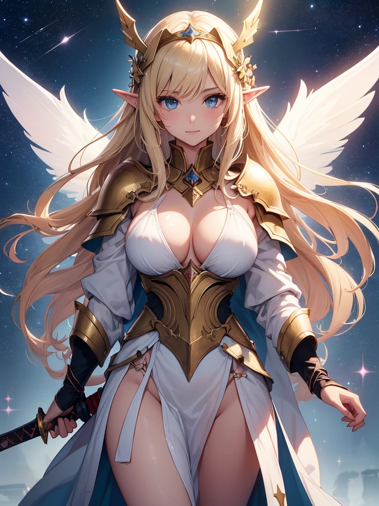 Solo, female, 1girl, female Mage,fit body, has a long, wavy blonde hair, pointed face, wide nose, rounded ears,angelic rings, halo, and feather wings, Pinkish-Beige skin colour,pink eye colour ,
full body portrait , solo, standing, medium hips, green glowing orb in hand,
fantasy glowing background