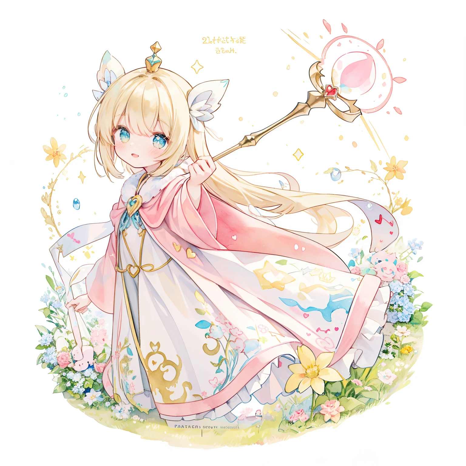 (PastelColors:1.3)、(Cute illustration:1.3)、(watercolor paiting:1.1)、absurderes,hight resolution,ultra-detailliert,1girl in,30-year-old magical girl：1.5、Light magic circle on background、magic star wand：1.3、Gorgeous crown、A smile、Sunny days、Sparkling eyes、pale golden yellow color throughout,,,,,,、（A smiling fairy with a motif of a big heart and a small heart...................：1.8）、On White Background、jumpping、levitation、A smile、Aster Harmony Garden Sprite,White snow、Noelle、reaching out her hand、From Side、
、 ,Thick wool gown:0.4