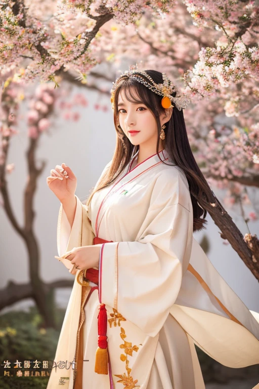 Best Quality, masutepiece, hight resolution,3女の子,Beautiful face,Full body,chinese clothes,white daoist robes,Grasp the sword with your right hand (gorgeous decoration),Peach tree,