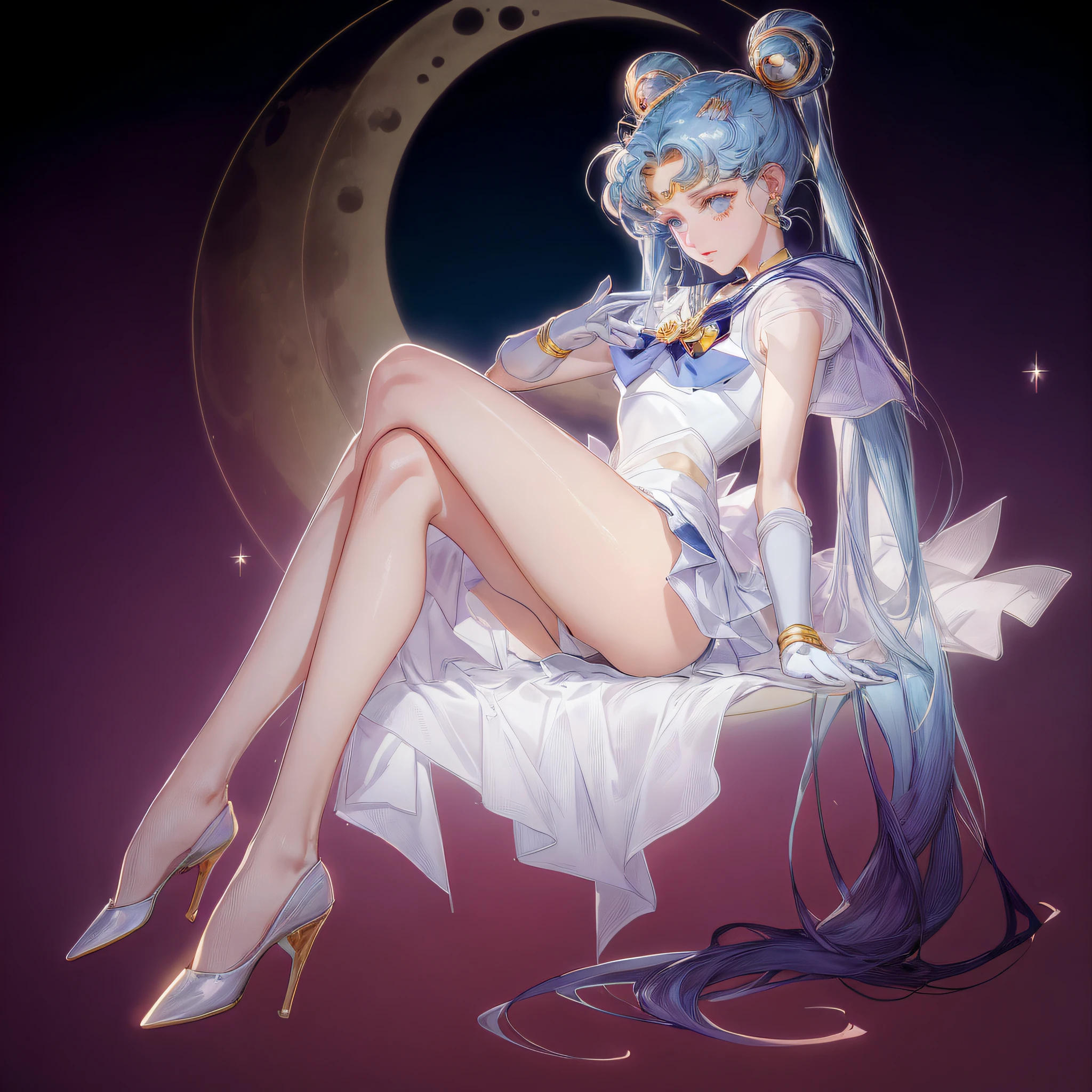 A woman sits in a chair，With the moon as a background, Mariner Moon. The beautiful, Mariner Moon!!!!!!!!, by Sailor Moon, lunar goddess, sailor moon style, in the style of ross tran, guweiz, Popular topics on cgstation, Krenz Kushat and Artgerm, loish and wop, by Ross Tran