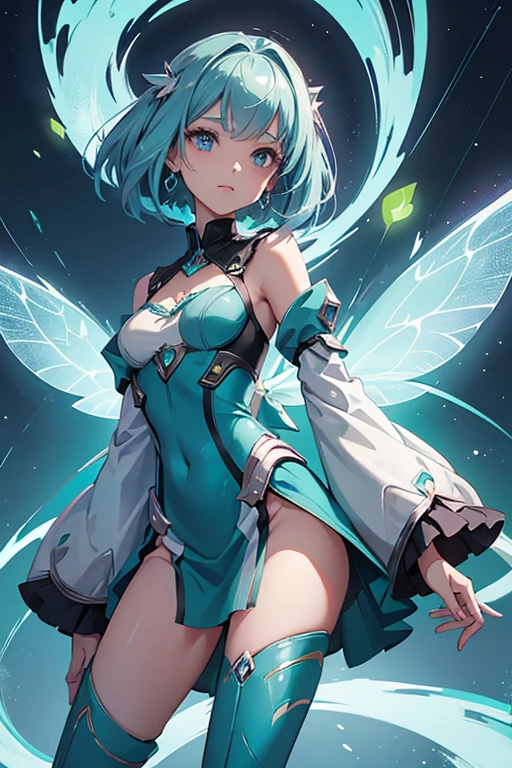 Tecna is a young woman with a light skin tone, teal-blue eyes and magenta-colored hair which is often styled in an asymmetrical bob-cut on the right side with a single small hair strand sticking up. Tecna's Winx fairy form outfit is unarguably the most distinctive of all the fairies viewed in the series, as it covers most of her body. The outfit is a full-body suit of a sparkling lavender color covering the torso and legs. She has powder blue knee-high high-heeled boots and sleeves which cover her hands. She wears a lavender helmet which has a lime green tear-shaped brooch on it, similar to the one on her chest. She can stroke the brooch on her chest to summon a projection of data. On a few occasions, her helmet has shown the ability of releasing a translucent green shield for her face. Her wings are green bars which can form small squares on her back, in the shape of a glider. These wings help her fly supported by digital energy considering they cannot flutter. Occasionally she will also be seen wearing a wristband made of green digital energy which can project data as well.