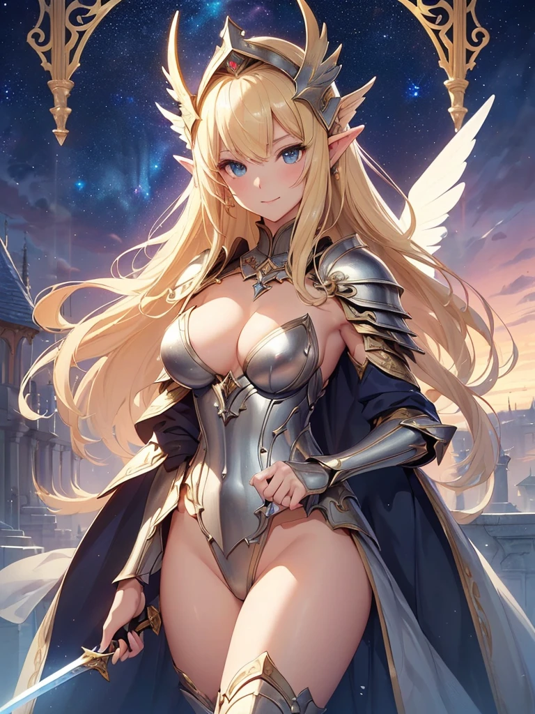 top-quality、Top image quality、masterpiece、Super beautiful elf beauty((24 year old、Best Bust、big bast、Bust 90,Beautiful long blonde hair ironed、a blond、Beautiful sexy armor with big shining wings、sexy beautiful bikini armor、has a beautiful sword、Raise your sword、frontage、A slender、a closeup、Esbian、Beautiful helmet、Woman knight、hiquality、Beautiful Art、Background with((starrysky)))masutepiece、visualart、depth of fields、low angle of morning sky、、Elven ears、、light magic、Space Knight、harp melody🎵、Happy smile、Gentle light、、Beautiful legs that are gentle on the skin、、、Number of fingers to achieve precise finger movements、ticker beautiful、elegent、Mystical Rosa、NSFW,Sexy, nffsw,Raise your beautiful sword high、Fighting、Kime Pose