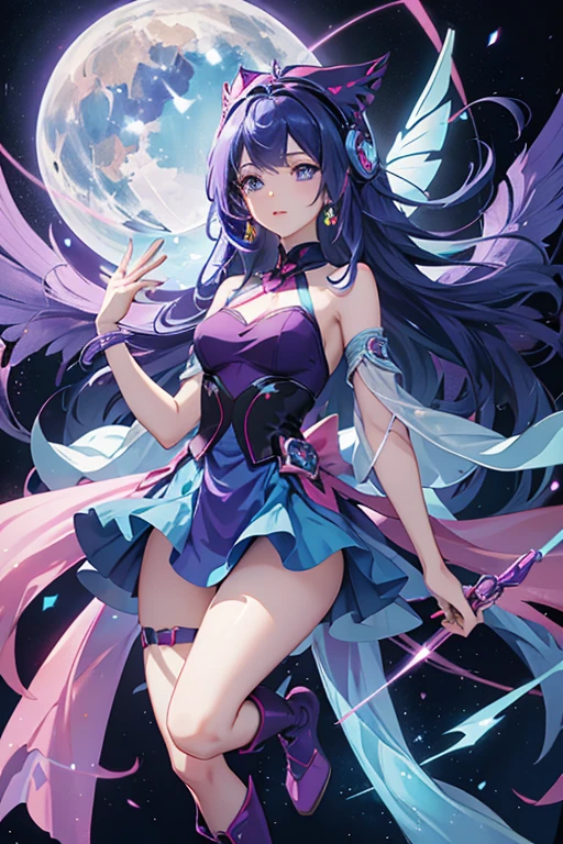Musa has a light, almost pale skin tone, dark blue hair and thin dark blue eyes. Musa’s Winx fairy form outfit consists of a sparkling red left-sided one strap top with translucent pink fabric at the middle, a red mini skirt, and red knee-high wedge boots. She also wears purple headphones atop her head and purple ribbons around her forearms (the one on her left arm has loose ends hanging from it, is toner than the one on her right and is also kept from her civilian form.) Her wings are translucent and bright blue with purple bands in the middle. She has magenta shorts under her skirt.