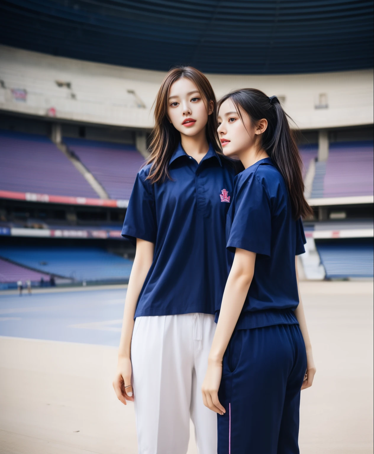 (bestquality,10,10,highres,masterpiece:1.2),ultra-detail,(Realistic,photorealistic portrait,photo-realistic:1.37),1 Cute girl in the football field,oily shiny skin,bara,light smile,BDclothelue shirt:1.3)),short sleeves,shirt, trousers.,(navy_long_Pants Track:1.1), ((Stadium Background:1.3)),dynamic angle,excited,face focus,Dynamic Poses,from behide,Ass Focus,masterpiece, bestquality, ultra realistic, hyper-detail, 8k resolution, RAW photo, crisp focus, ((Navy blue shirt:1.1)), short sleeves, Long Path, Perfect body, 2 mature women, 18yo, cinematic light,Blue sweatpants,Gymware,Correct anatomy,Complete body, Correct body, sharp face, Anatomically correct body, full entire body, Realistic gestures, long-haired, Realistic poses,Wear long shorts...........................................,Long leg span,Shapely,Sculpting Girl, Slender Figure, mannequin mannequins, Shapely, Beautiful body,Blue sweatpants, Two girls kissing