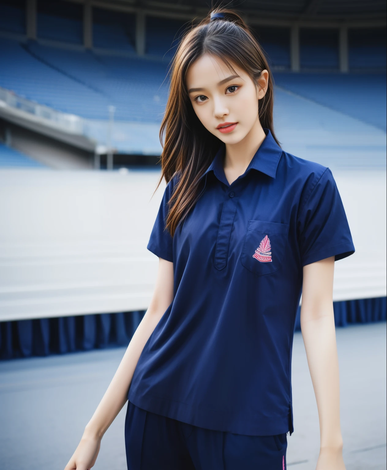 (bestquality,10,10,highres,masterpiece:1.2),ultra-detail,(Realistic,photorealistic portrait,photo-realistic:1.37),1 Cute girl in the football field,oily shiny skin,bara,light smile,BDclothelue shirt:1.3)),short sleeves,shirt, trousers.,(navy_long_Pants Track:1.1), ((Stadium Background:1.3)),dynamic angle,excited,face focus,Dynamic Poses,from behide,Ass Focus,masterpiece, bestquality, ultra realistic, hyper-detail, 8k resolution, RAW photo, crisp focus, ((Navy blue shirt:1.1)), short sleeves, Long Path, Perfect body, 2 mature women, 18yo, cinematic light,Blue sweatpants,Gymware,Correct anatomy,Complete body, Correct body, sharp face, Anatomically correct body, full entire body, Realistic gestures, long-haired, Realistic poses,Wear long shorts...........................................,Long leg span,Shapely,Sculpting Girl, Slender Figure, mannequin mannequins, Shapely, Beautiful body,Blue sweatpants, Two girls kissing
