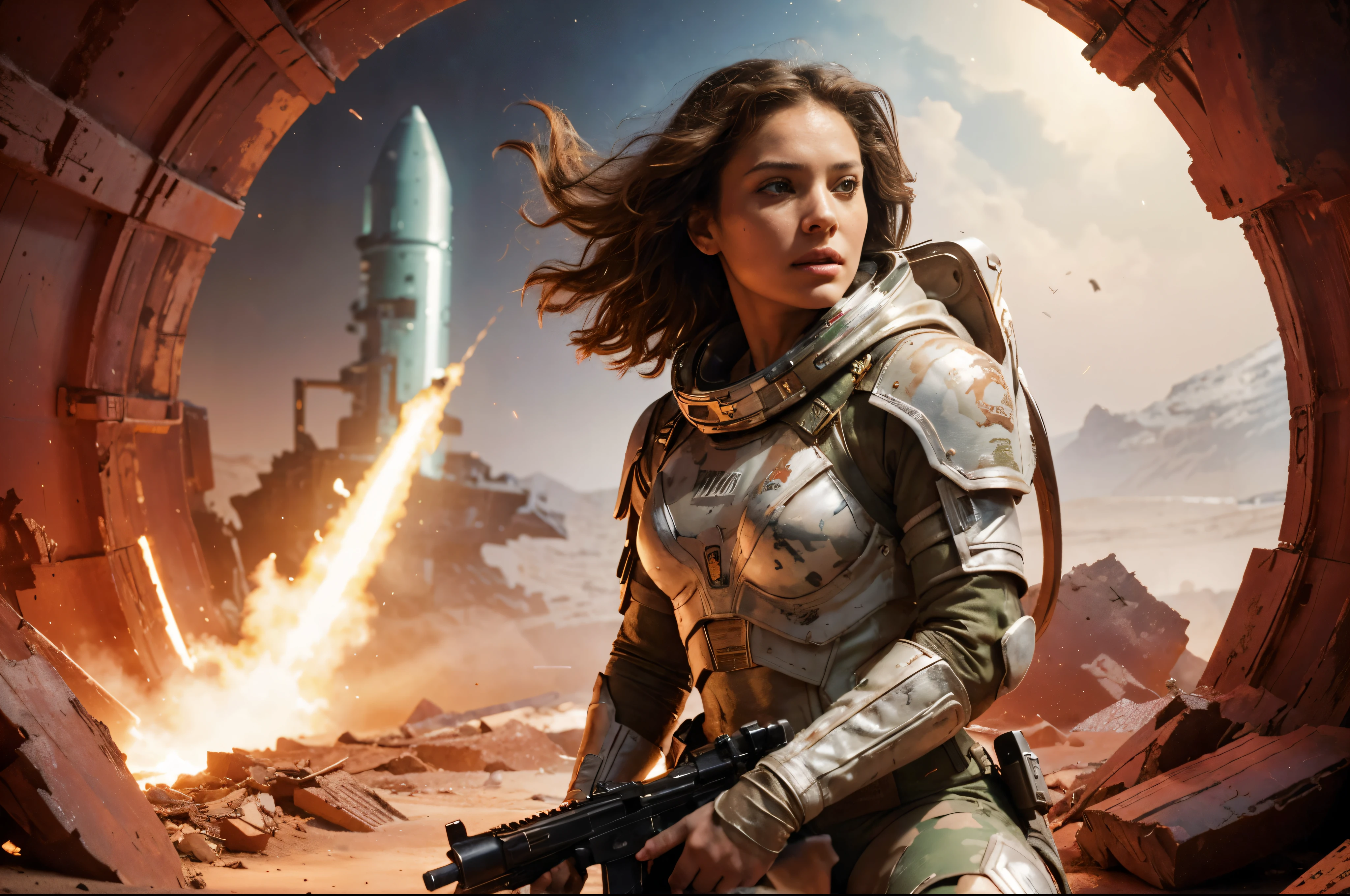 sitting back firmly against the wall looking to left in fear space gal after the battle, cocky, finger on trigger of gun, ready to move, dirty grimy, overhead glow lighting, side light, 24k resolution tight barbarian woman in space clothes, camouflage, hyperdetailed, abandoned room background setting on battlefield mars, Soleil rouge leonardo.ai who do you think you are inner-self your ego 34k resolution highlydetailed, hyperrealism, oils painterly art style sexier, yes, on a trip to alien worlds, shocked expression mouth fully opened eyes wide bitch