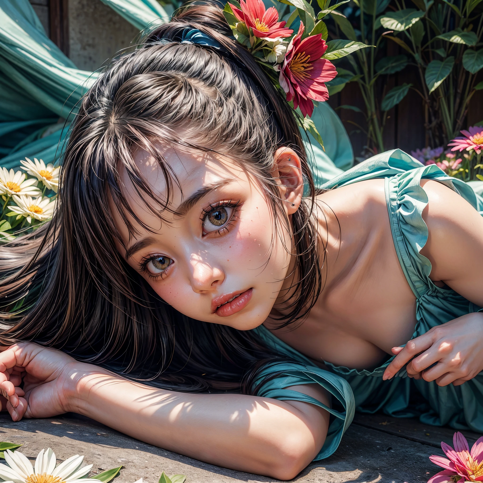 (((many KAWAII girls laying on flowers, flower background, concept art, from below))), ((SFW)), ((Exposed shoulder, no inverted hand)), (nipple:-0.9), (Acutance:0.8), (Extremely Detailed KAWAII Face variations), ( 8K finest-quality, ultra-detailed), ( realistic, (Hyper-Realism:1.37), ), an extremely delicate and beautiful, (( covered girl's body with many many flowers)), ( no extra limbs ) . full of flowers, filled with flowers, Overflowing flowers .