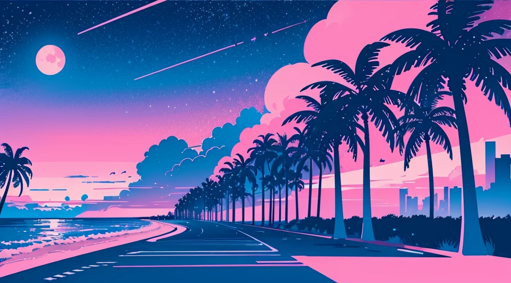(cyberpunk road by the sea, pink glowing road, starry blue sky, big moon, palm trees), (low contrast, flat color, limited palette)
