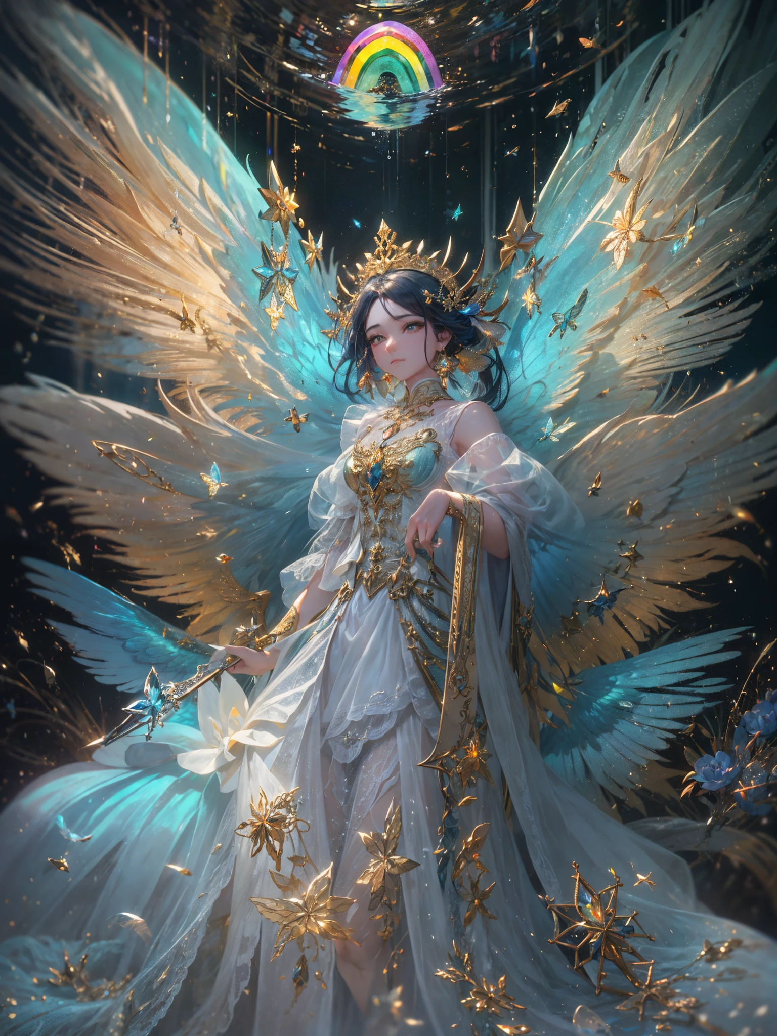 (((tmasterpiece))), (((Best quality at best))), ((ultra - detailed)),(Highly detailed CG illustration), ((Extremely Delicately Beautiful)),电影lamplight, imitate the currently popular style of the genre,Create stunning works of fantasy art. The artwork should contain elements of mythological fantasy and fairy tale fantasy,and comes in dreamy rainbow colors. ((Use the rainbow as the primary color scheme.)) The character in the work is a delicate and strong petite figure,Full of mystery and magic, (Beautiful translucent rainbow wings). Pay close attention to intricate facial features, Such as vibrant colors and bold shadows for captivating eyes. The character's costume should be designed with tulle feathers, silkouette, Amazing embroidery, and subtle iridescent details. An icon that contains a (((Translucent rainbow))), dream colors, 动态照明, and detailed background elements create a sense of awe and immersion. Includes colorful flying magic birds and jewel-toned rainbow butterflies with magical auras. Consider the latest trends in fantasy art, For example, incorporating unique lighting effects, Discover dynamic and eye-catching composition techniques, And try a unique color palette. Get inspired by artists on ArtStation and Midjourney. cameras: Choose an angle that highlights the beauty of the figure and enhances the magical majesty of the work of art. lamplight: Leverage atmospheric lighting techniques to create depth and mood. settle: Aim for high-resolution artwork,Demonstrate intricate detail and clarity. Artistic inspiration: Find inspiration from popular artists on ArtStation, Explore different styles, genre, and the theme,(8K, RAW photogr, Best quality at best),actual,frontage,Complicated details,Eyes and eyelashes are very detailed,sportrait,closeup cleavage,, digital SLR camera, Super quality, film reality, vivd details, Surreal, beautiful wallpaper, 8K, Best quality at best, tmasterpiece, The is very detailed, computer graphics, unified,