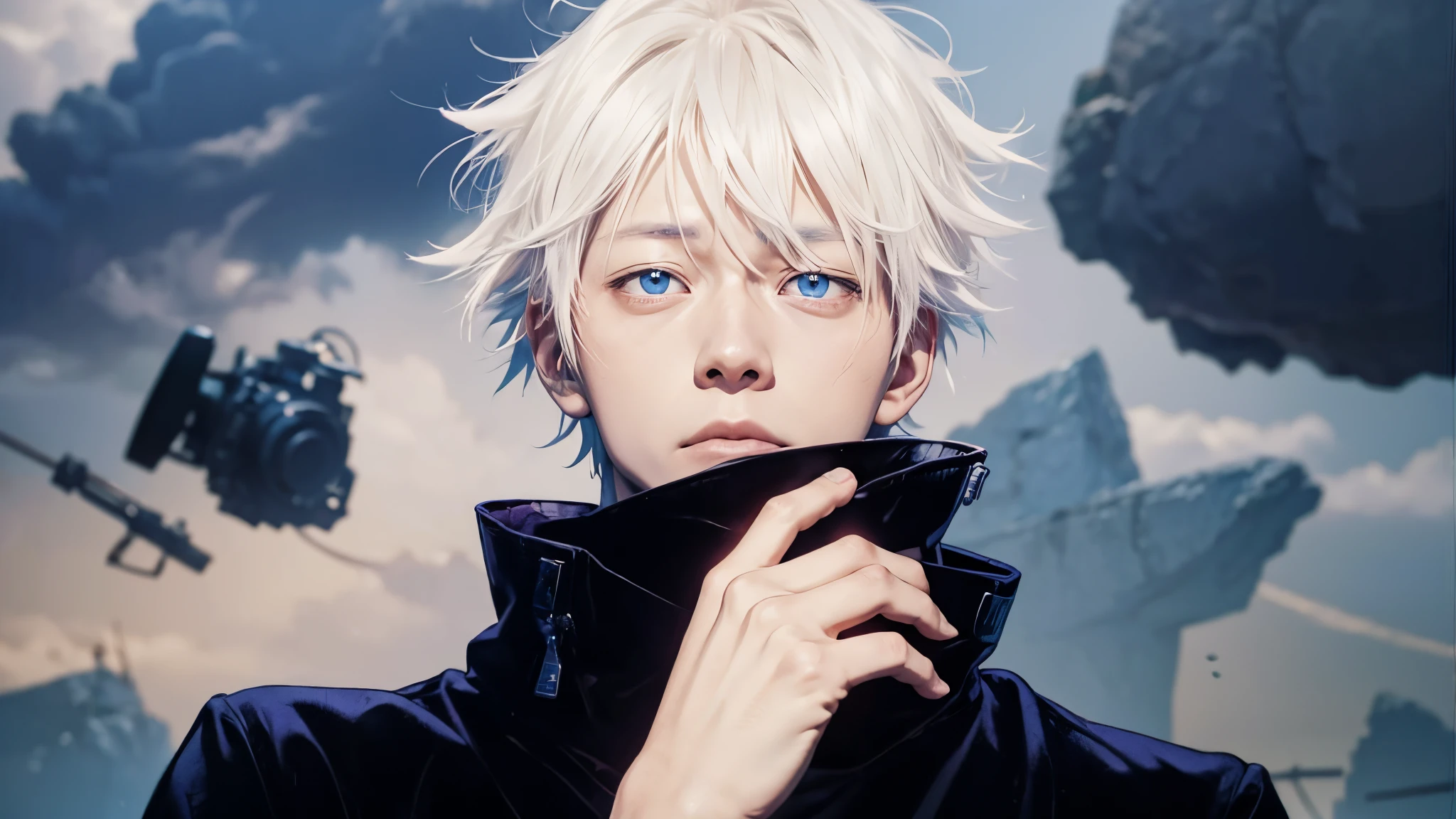 Gojo Satoru from jujutsu kaisen, young men, glowing blue eyes