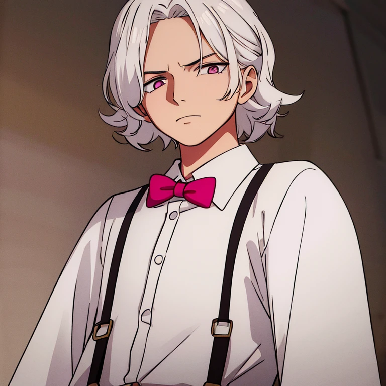 Man with short wavy white hair wearing a white formal blouse with small pink details and wearing suspenders.