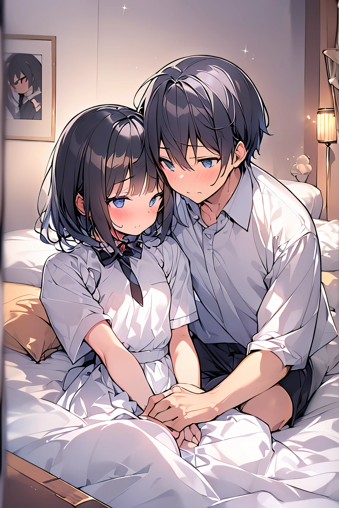 best quality, exceptional precision, (Two people), (one boy and one girl), พวกเขาcute, purple hair, blue eyes, short hair, Shota and , sailor suit, black shorts, pair, innocent, on the bed, lying on the bed together, cute, Love each other., smile, be happy, Focus on character