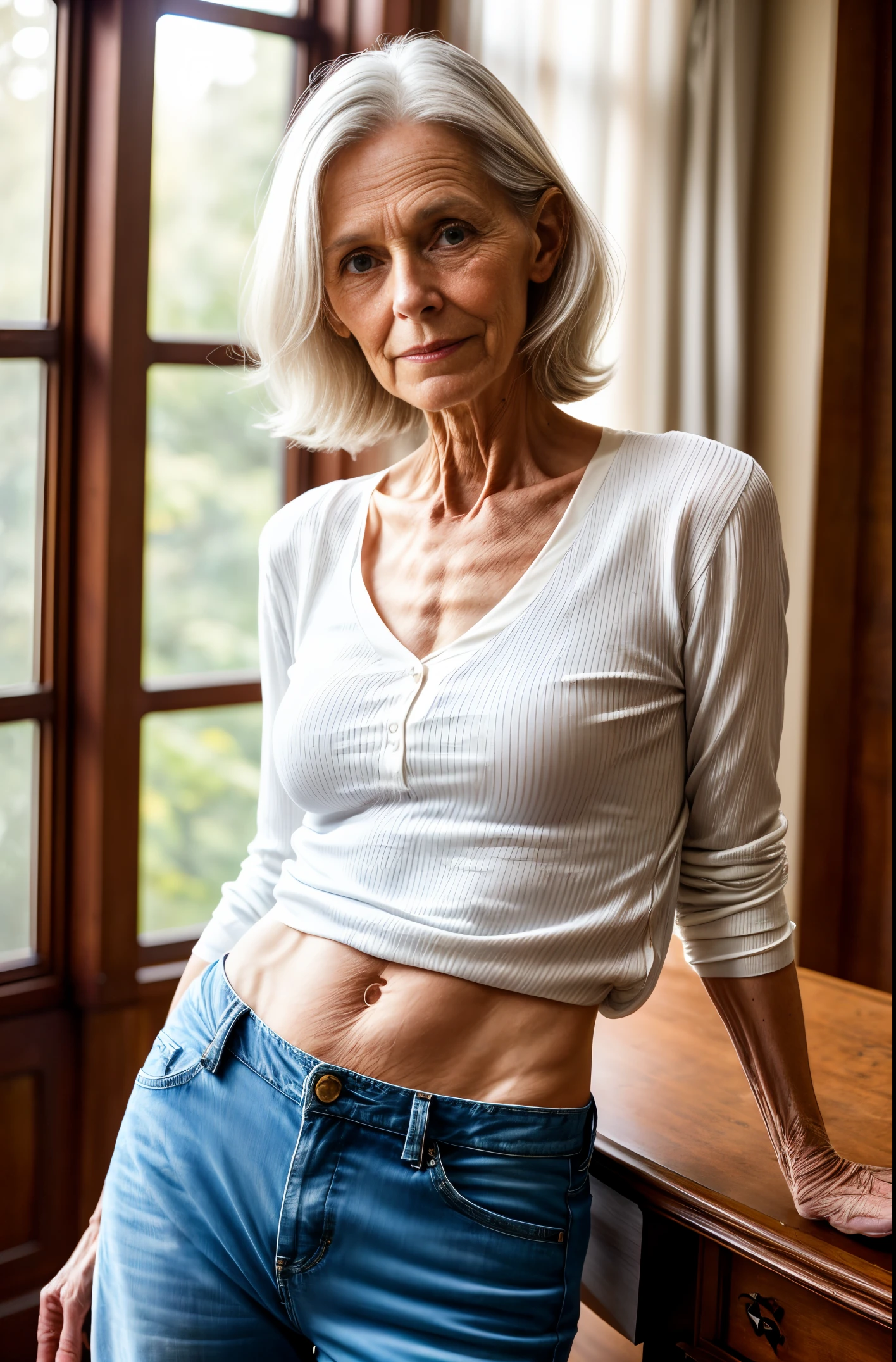 1 old anorexic skinny woman ((half length body portrait, sad, over 85 years old, naturally old but sexy,)), masterpiece, best quality, super detailed, (white full length-tee, mini cardigan & hipster jeans), white and gray hair, extra long hair, small slightly saggy breasts, erect nipples, small ass, tiny waist, indoor, inside a luxurious room, small sexy smile straight at the camera, (film grain: 1.3), backlight, (lens flare: 1.1), (halo: 1.1), (chromatic aberration: 1.1), (warm tones, warm tones), aging old Kristen McNenamy lookalike,