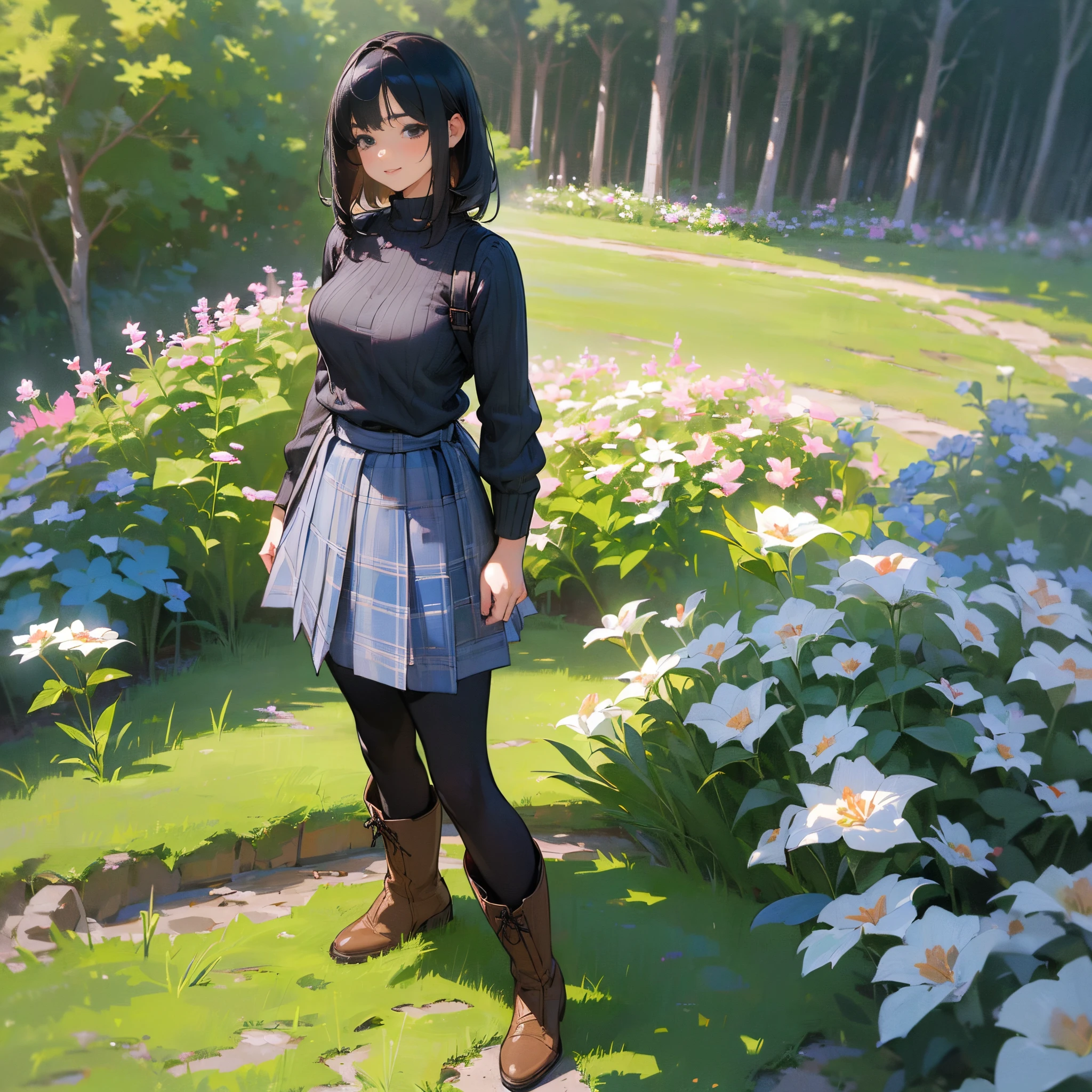 (High quality, High resolution, Ultra-detailed, Realistic:1.37), peaceful ambiance, (plein air, garden),  girl standing alone, (My breasts are big.), Beautiful detailed features, Cute smile, (Black bob hair), Ribbed sweater, blue plaid skirt, Black tights, Brown boots.