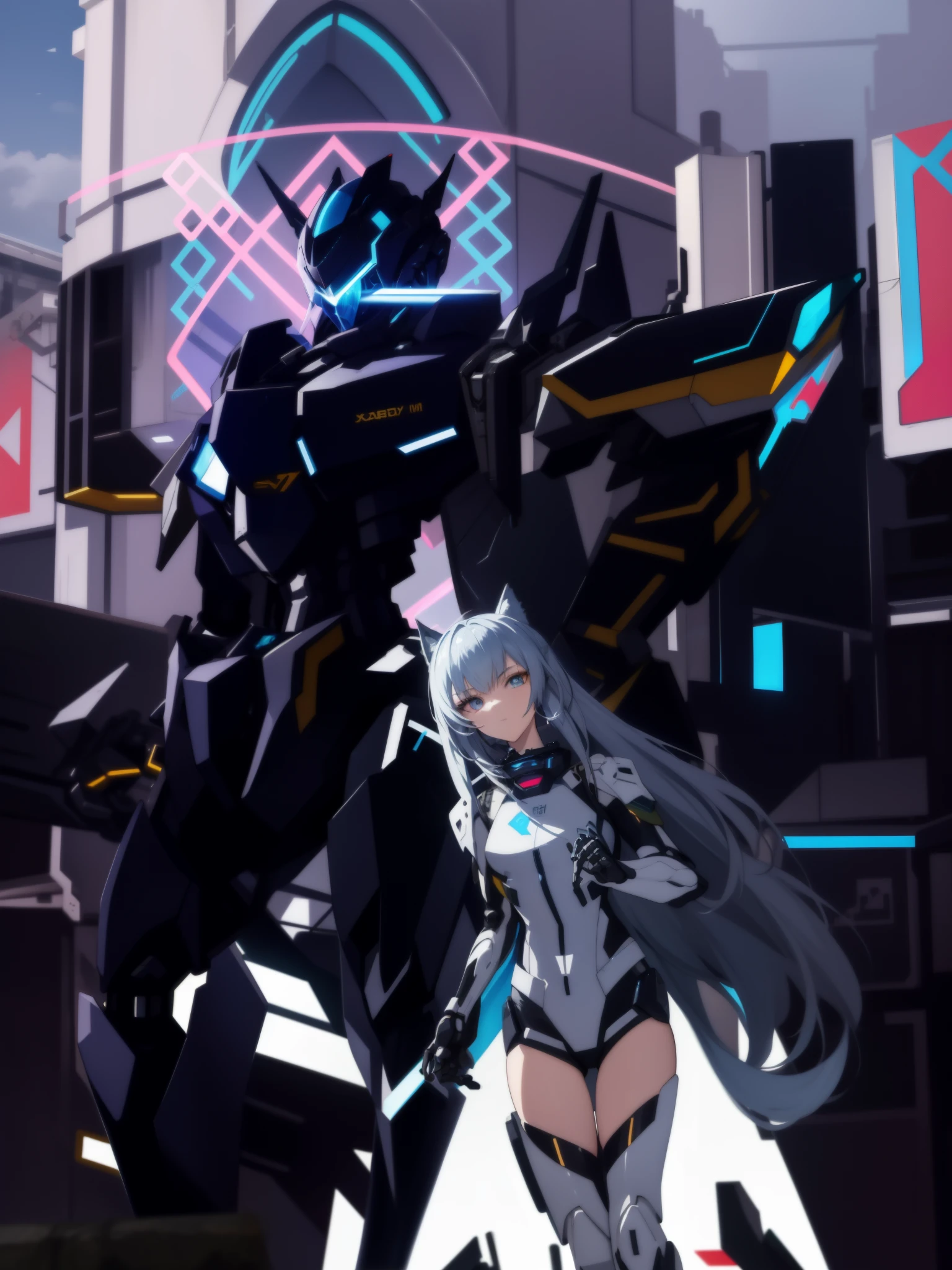 a close up of a person in a costume with a sword, Girl in Mecha Cyber Armor, Air and Mecha theme, Anime Mecha Aesthetics, cyber japan armor, cybersuit, Dressed in cyber armor, from arknights, Cyber Universe Style, In Cyber City, android heroine, mecha asthetic, cybersuit, fully robotic!! catgirl